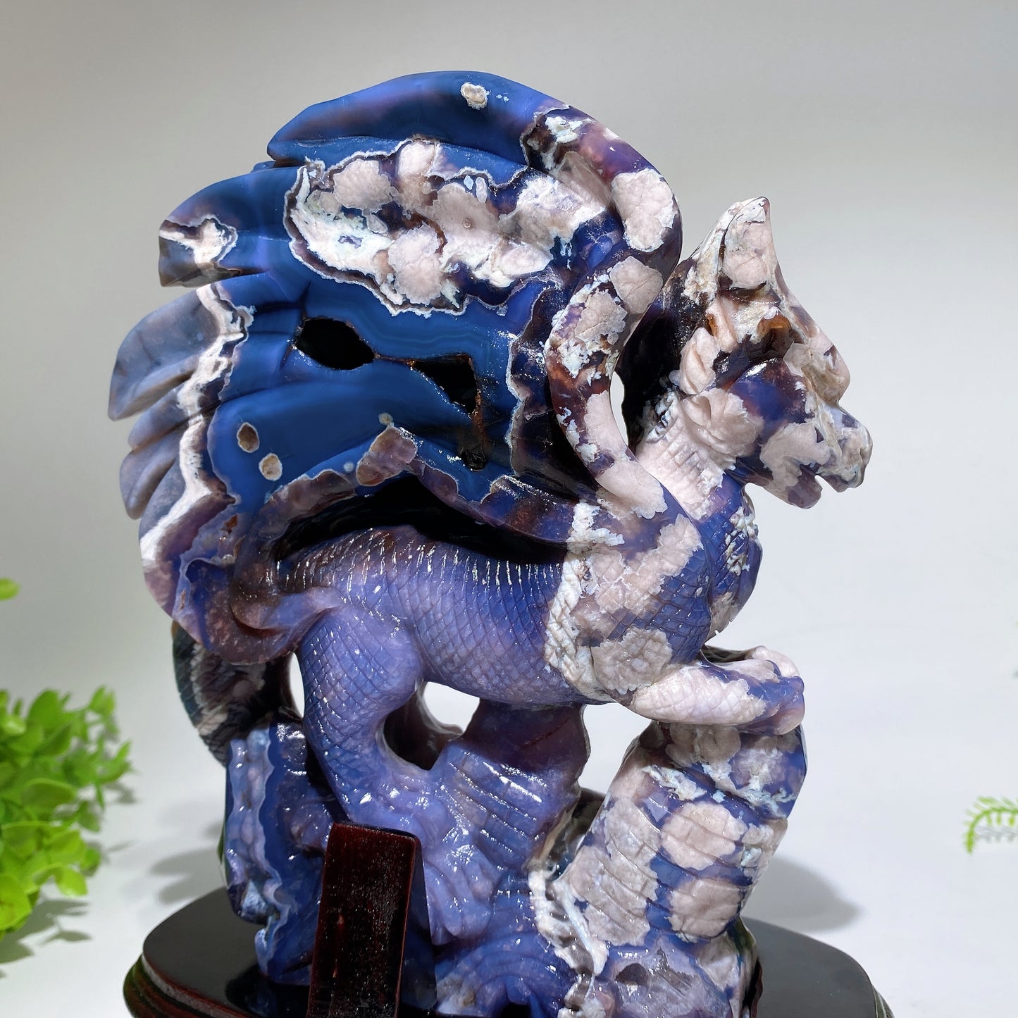 22cm Unique Blue Flower Agate Dragon Carving with Stand Crystal Healing Bulk Wholesale