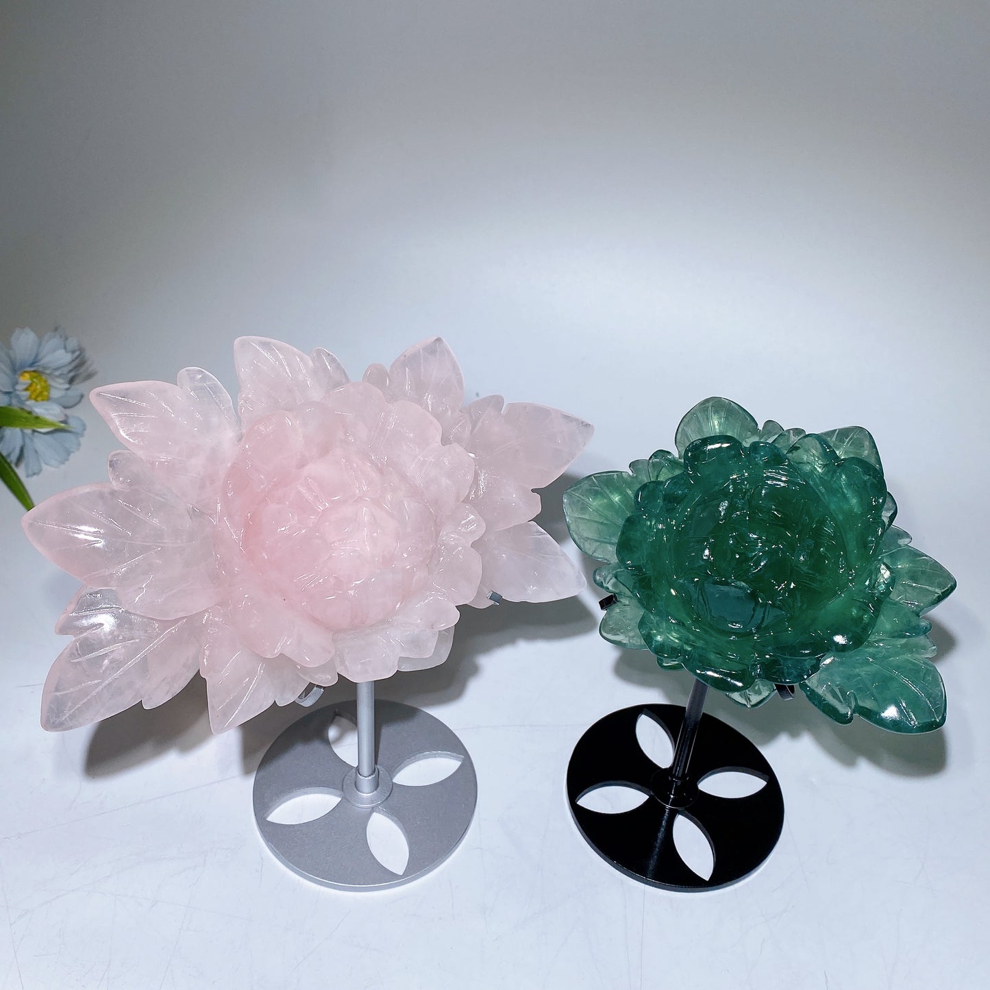 Rose Quartz Fluorite Peony Carving with Stand Crystal Healing Set Bulk Wholesale