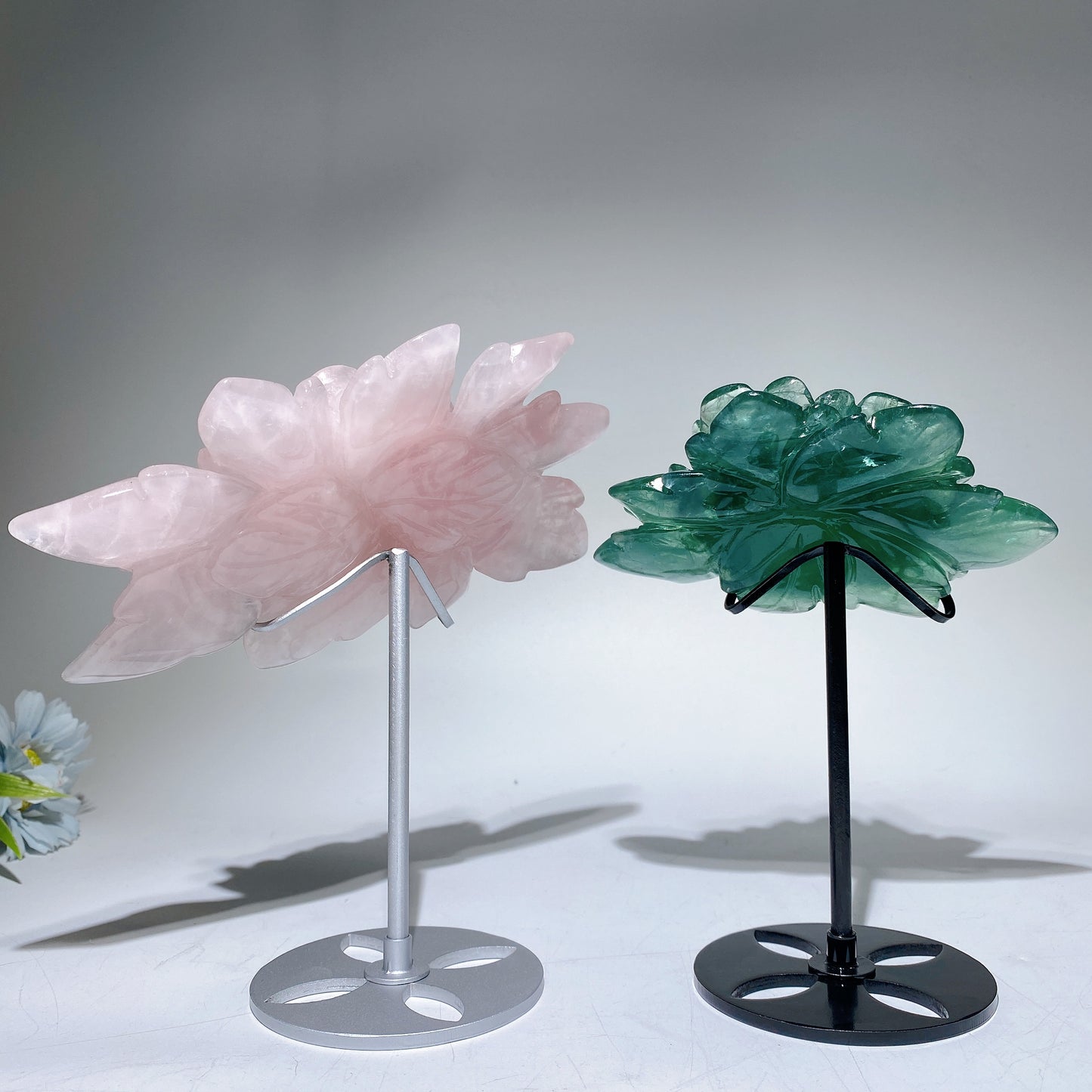 Rose Quartz Fluorite Peony Carving with Stand Crystal Healing Set Bulk Wholesale