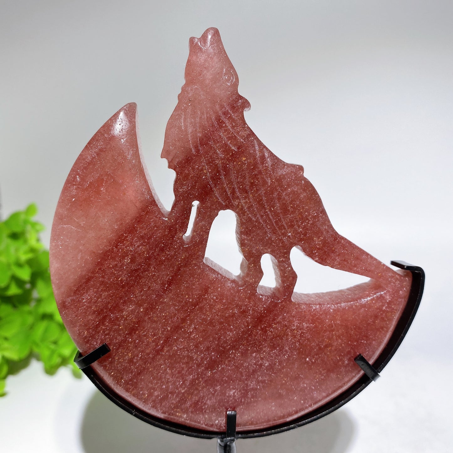 Crystal Wolf on Moon Carving with Stand Free Form Crystal Healing Bulk Wholesale