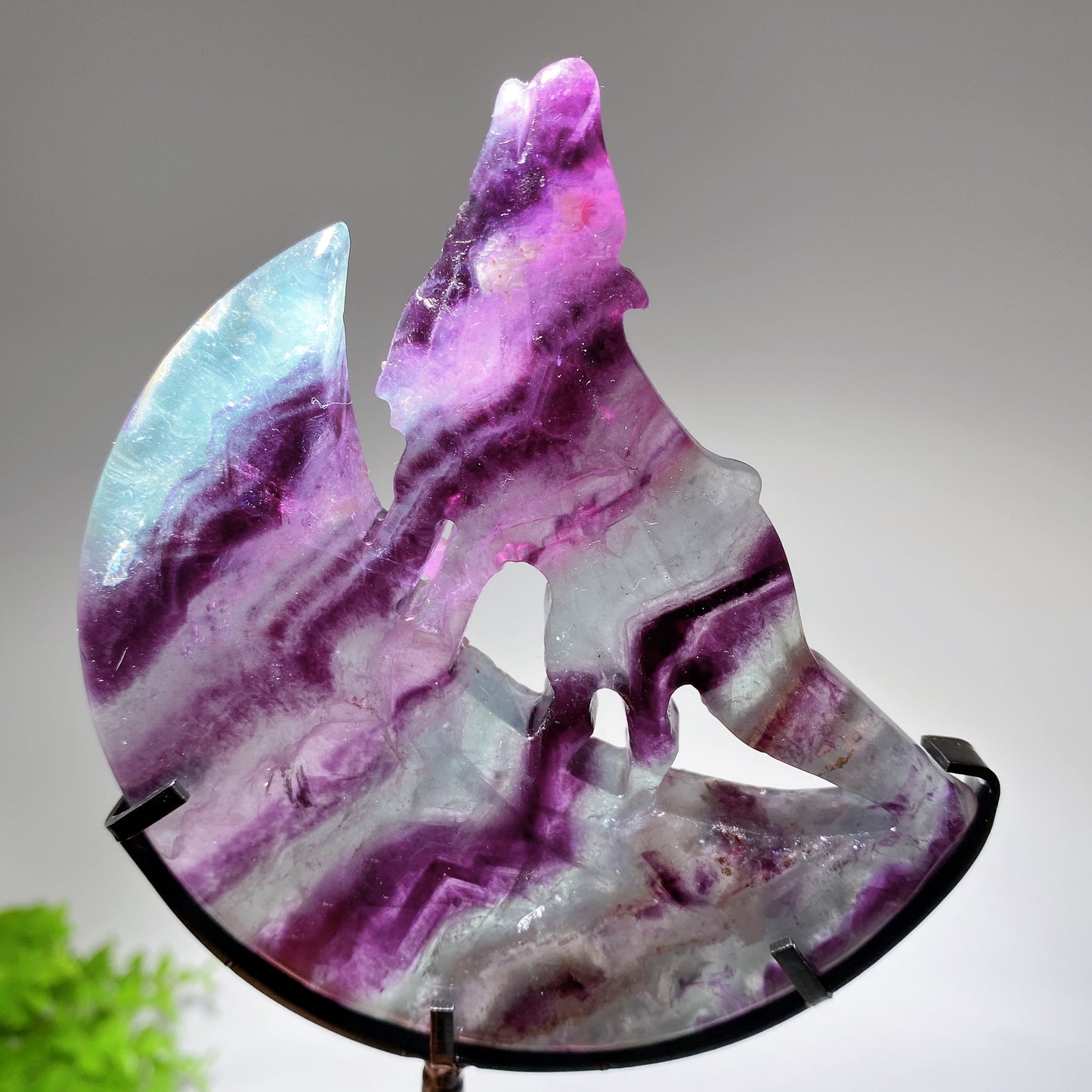 Crystal Wolf on Moon Carving with Stand Free Form Crystal Healing Bulk Wholesale