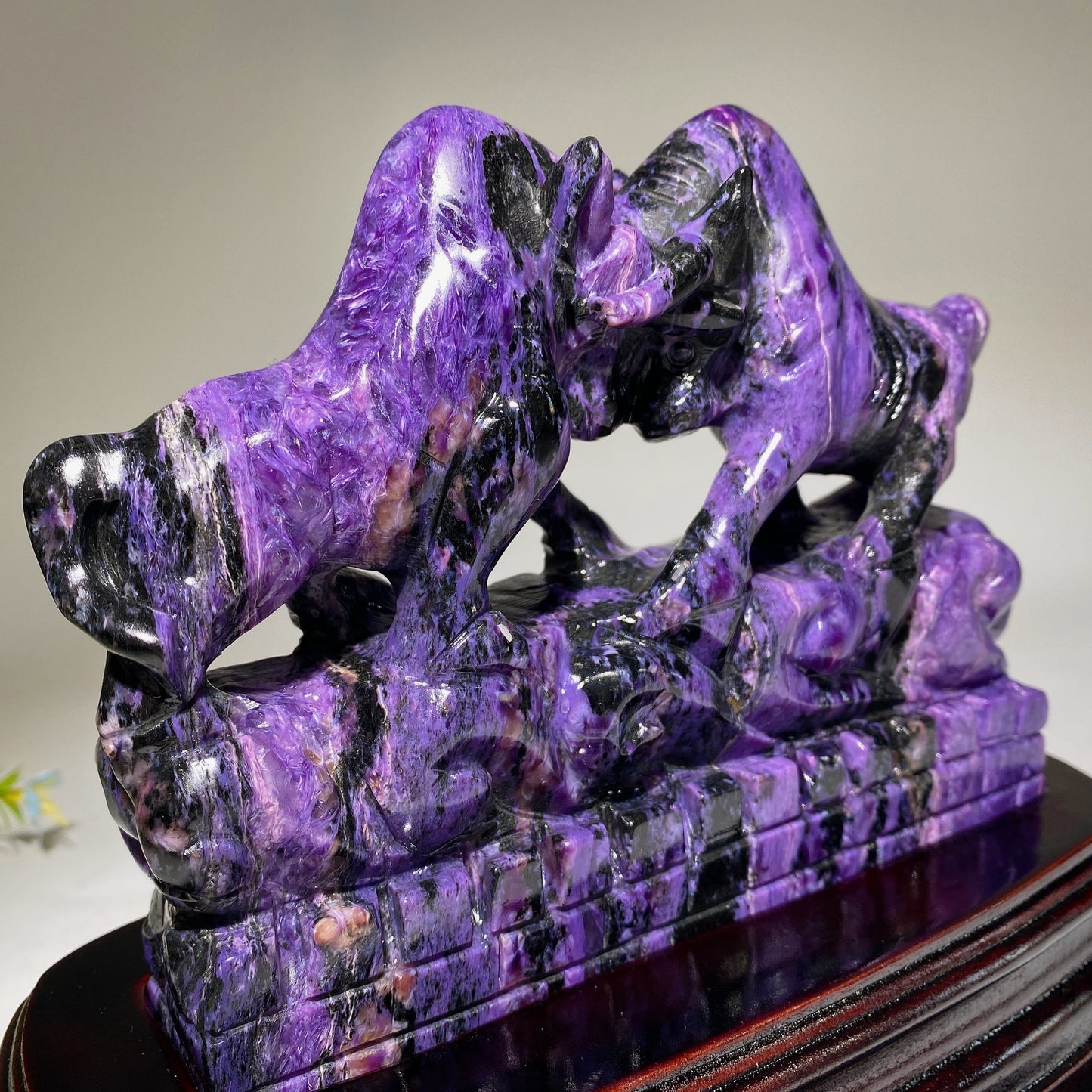 Unique Charoite Bullfighting Carving with Stand Crystal Healing Free Form
