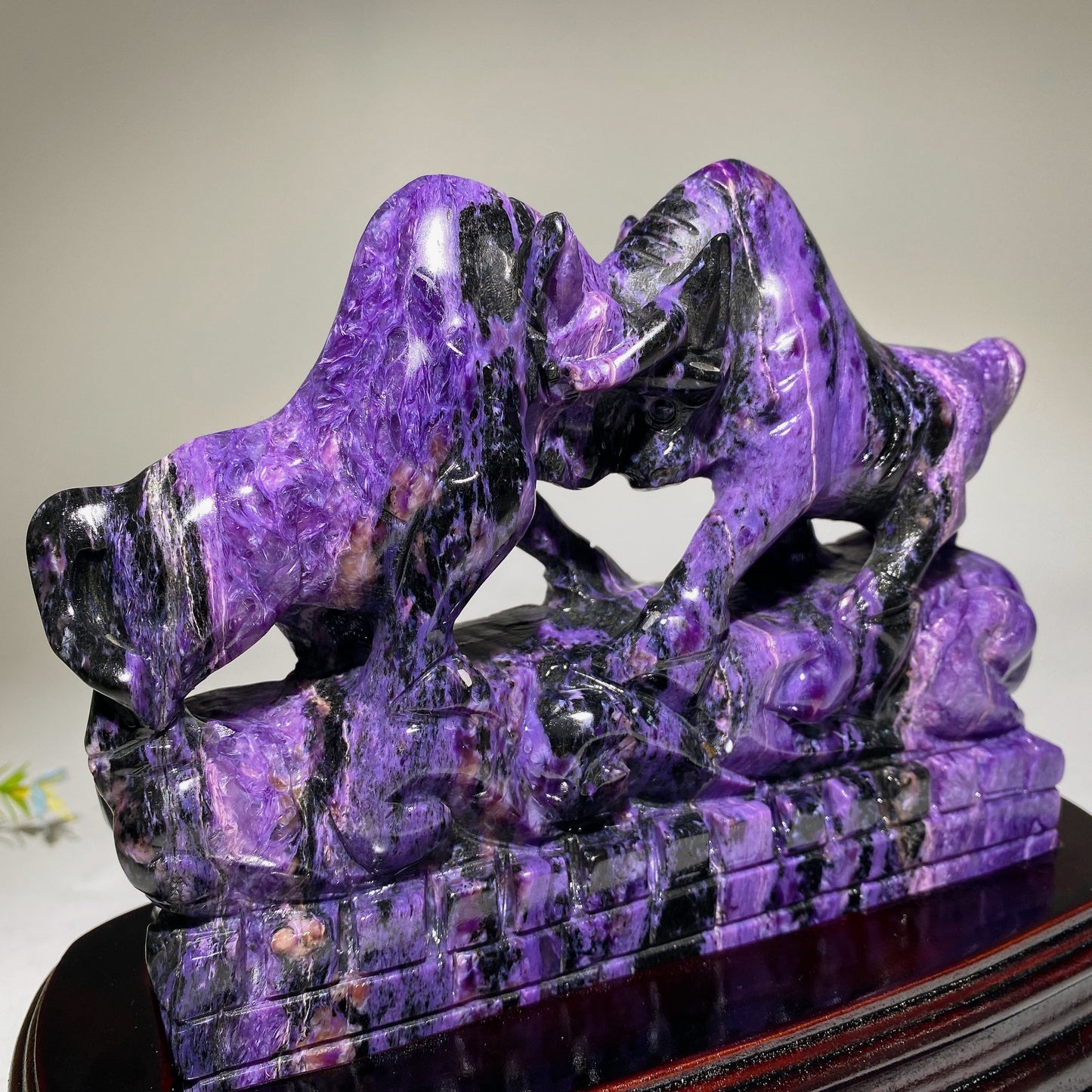 Unique Charoite Bullfighting Carving with Stand Crystal Healing Free Form
