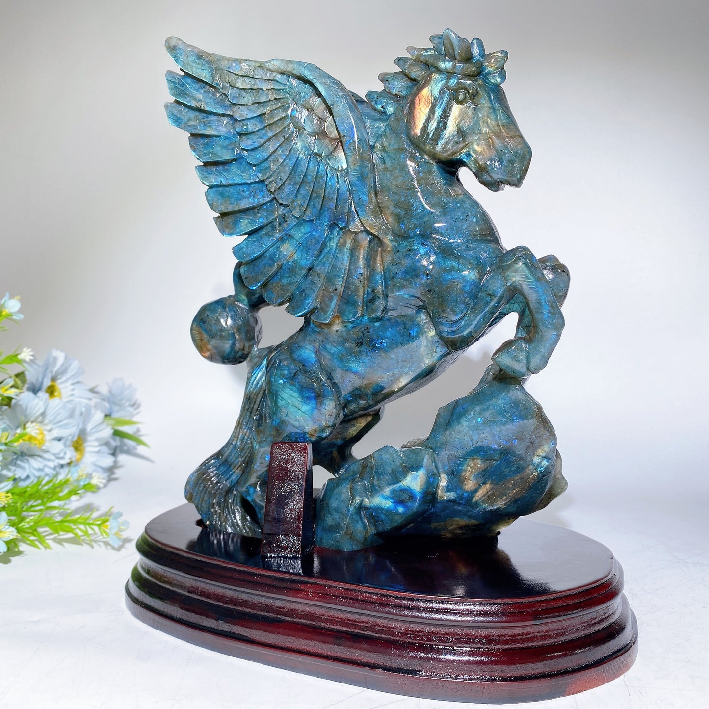 Full Flash Labradorite Unicorn Carving with Wooden Stand Crystal Healing