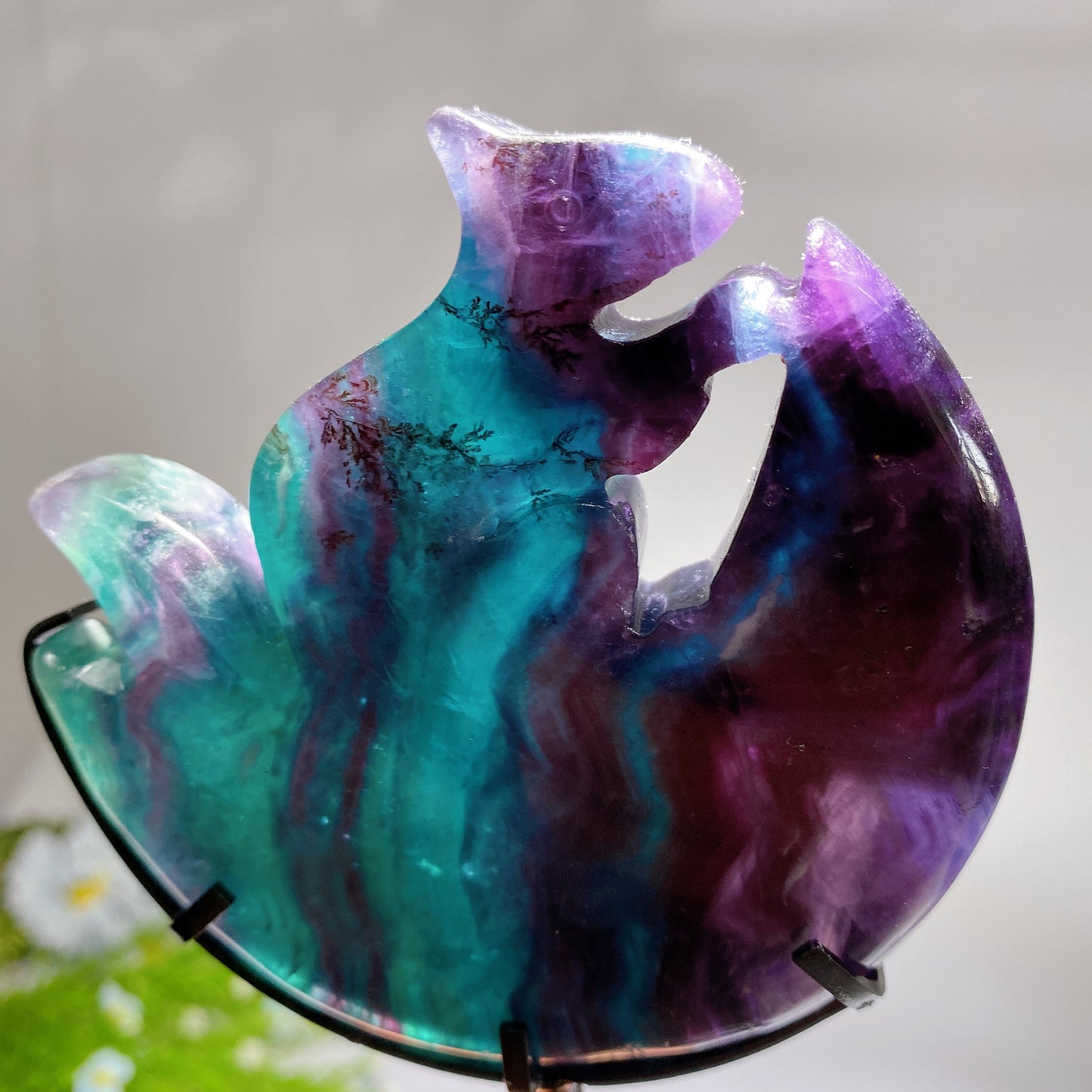 Druzy Agate Rainbow Fluorite Squirrel on Moon Carving with Stand Crystal Healing Bulk Wholesale