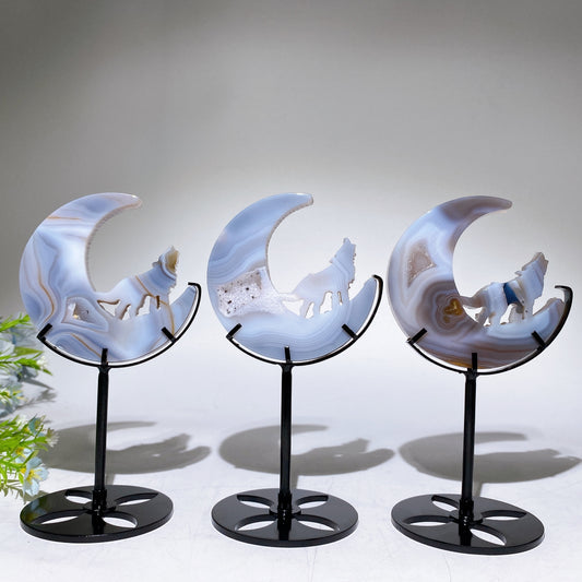 Druzy Agate Wolf on Moon Carving with Stand Crystal Healing Bulk Wholesale