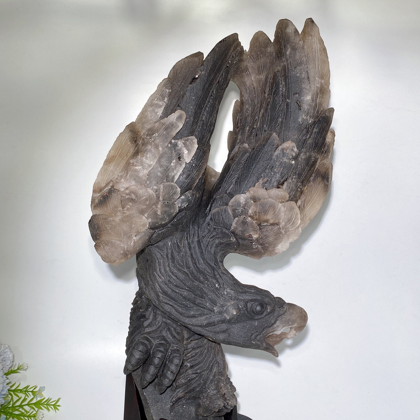 54cm Large Unqiue Smoky Quartz Eagle Carving with Wooden Stand Crystal Healing Bulk Wholesale