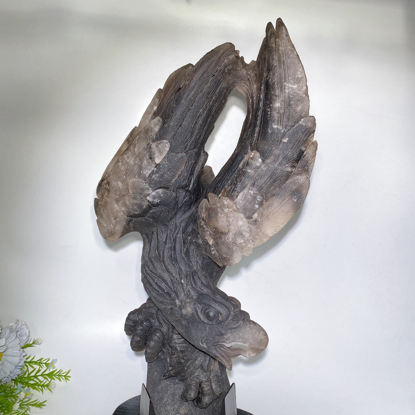 54cm Large Unqiue Smoky Quartz Eagle Carving with Wooden Stand Crystal Healing Bulk Wholesale