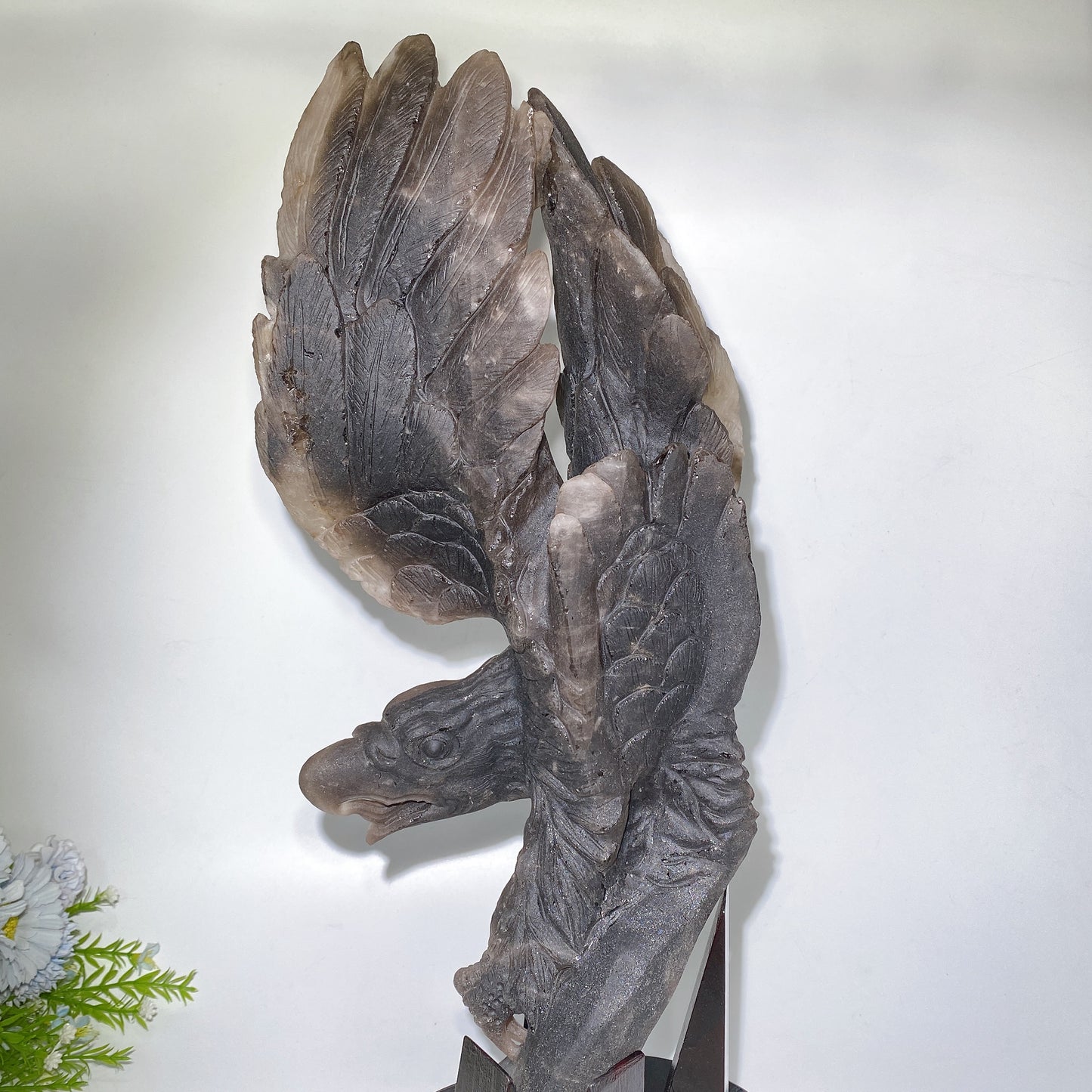 54cm Large Unqiue Smoky Quartz Eagle Carving with Wooden Stand Crystal Healing Bulk Wholesale