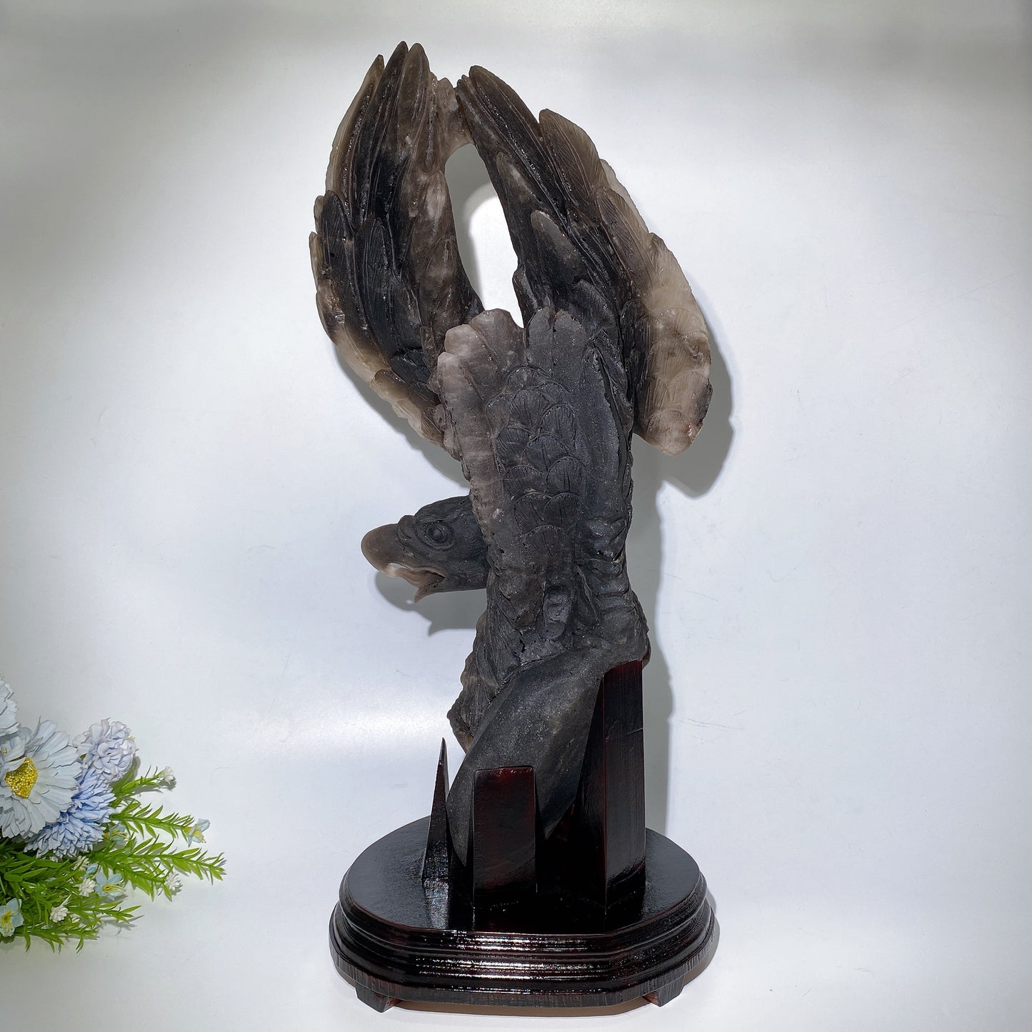 54cm Large Unqiue Smoky Quartz Eagle Carving with Wooden Stand Crystal Healing Bulk Wholesale