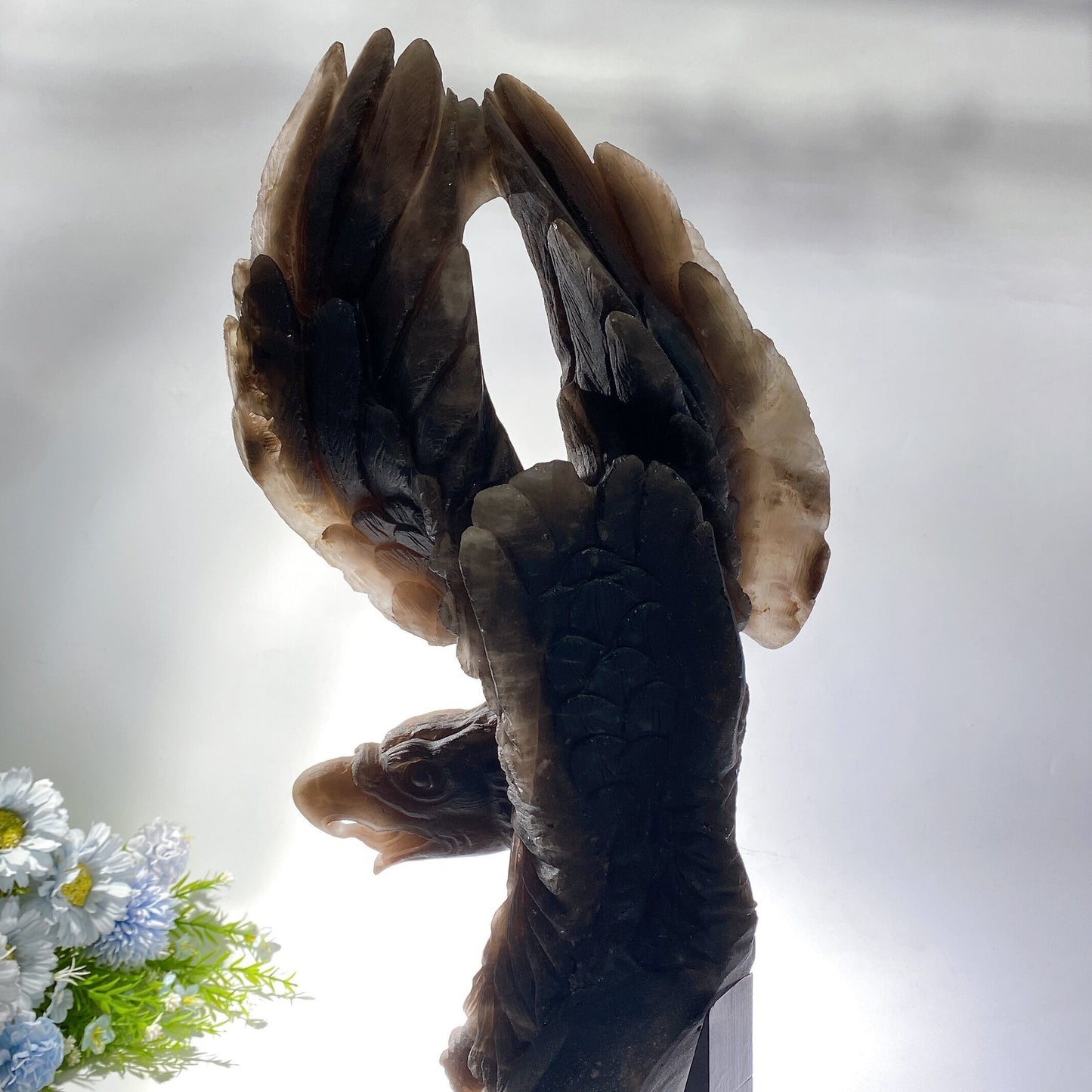 54cm Large Unqiue Smoky Quartz Eagle Carving with Wooden Stand Crystal Healing Bulk Wholesale