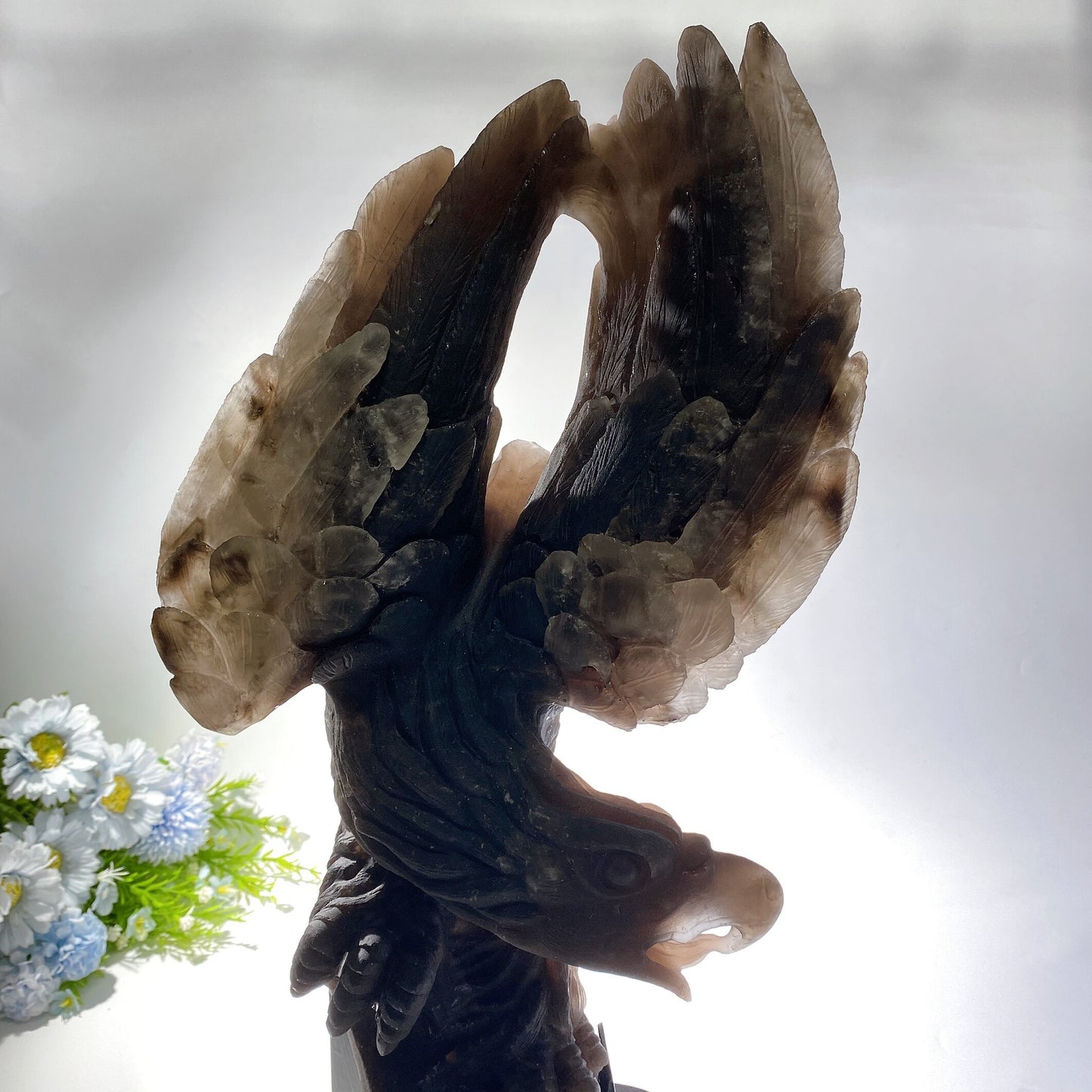 54cm Large Unqiue Smoky Quartz Eagle Carving with Wooden Stand Crystal Healing Bulk Wholesale