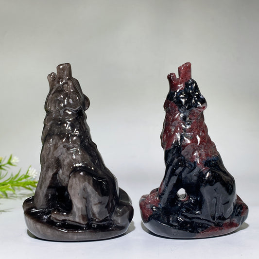 4.5" Silver Obsidian Garnet Wolf Carving Crystal Healing Bulk Wholesale