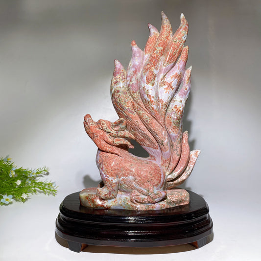 30cm Large Unique Ocean Jasper Nine-tails Fox Carving with Wooden Stand Crystal Healing Bulk Wholesale