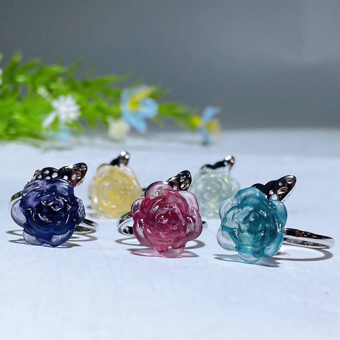Fluorite Flower Adjustable Ring Crystal healing Bulk Wholesle
