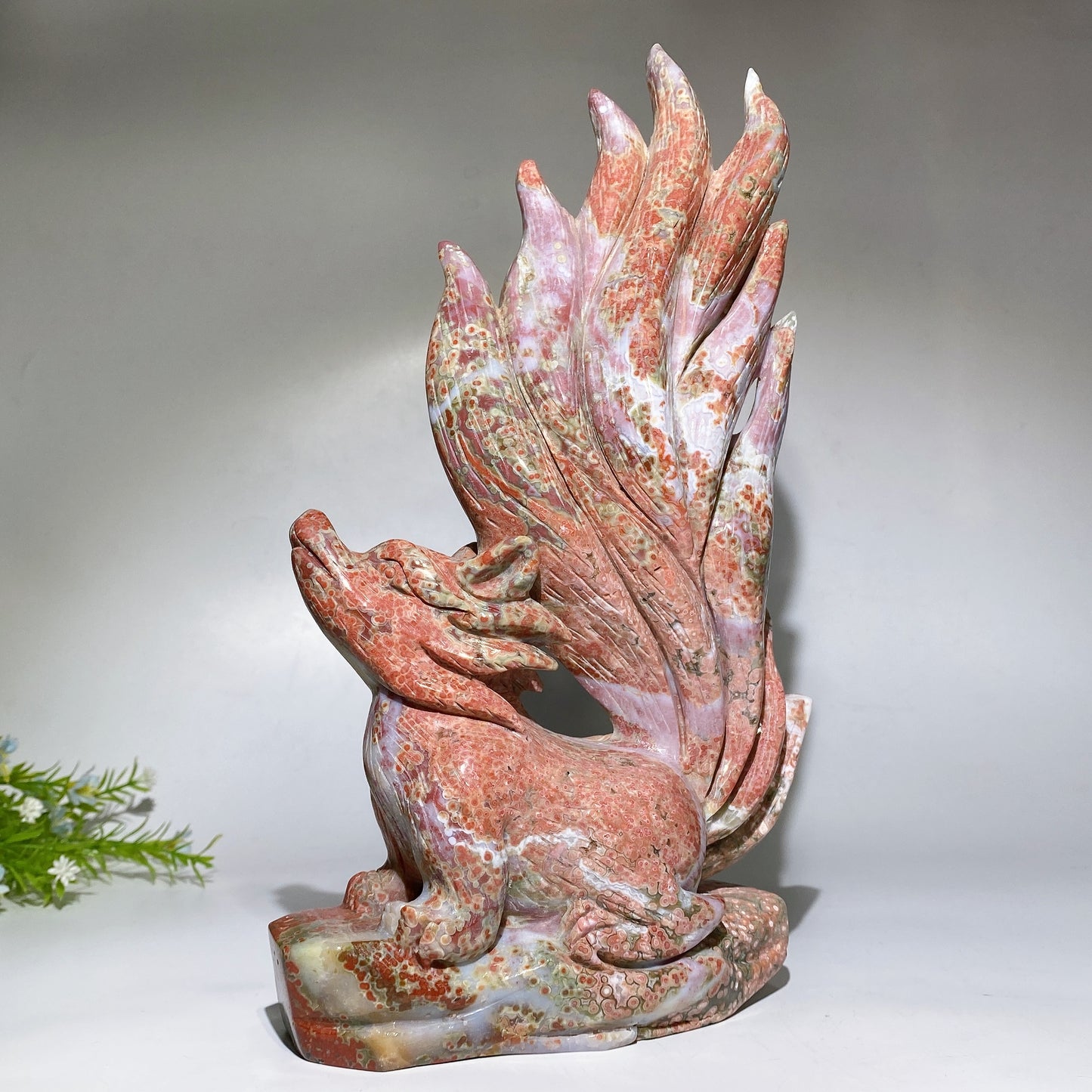 30cm Large Unique Ocean Jasper Nine-tails Fox Carving with Wooden Stand Crystal Healing Bulk Wholesale