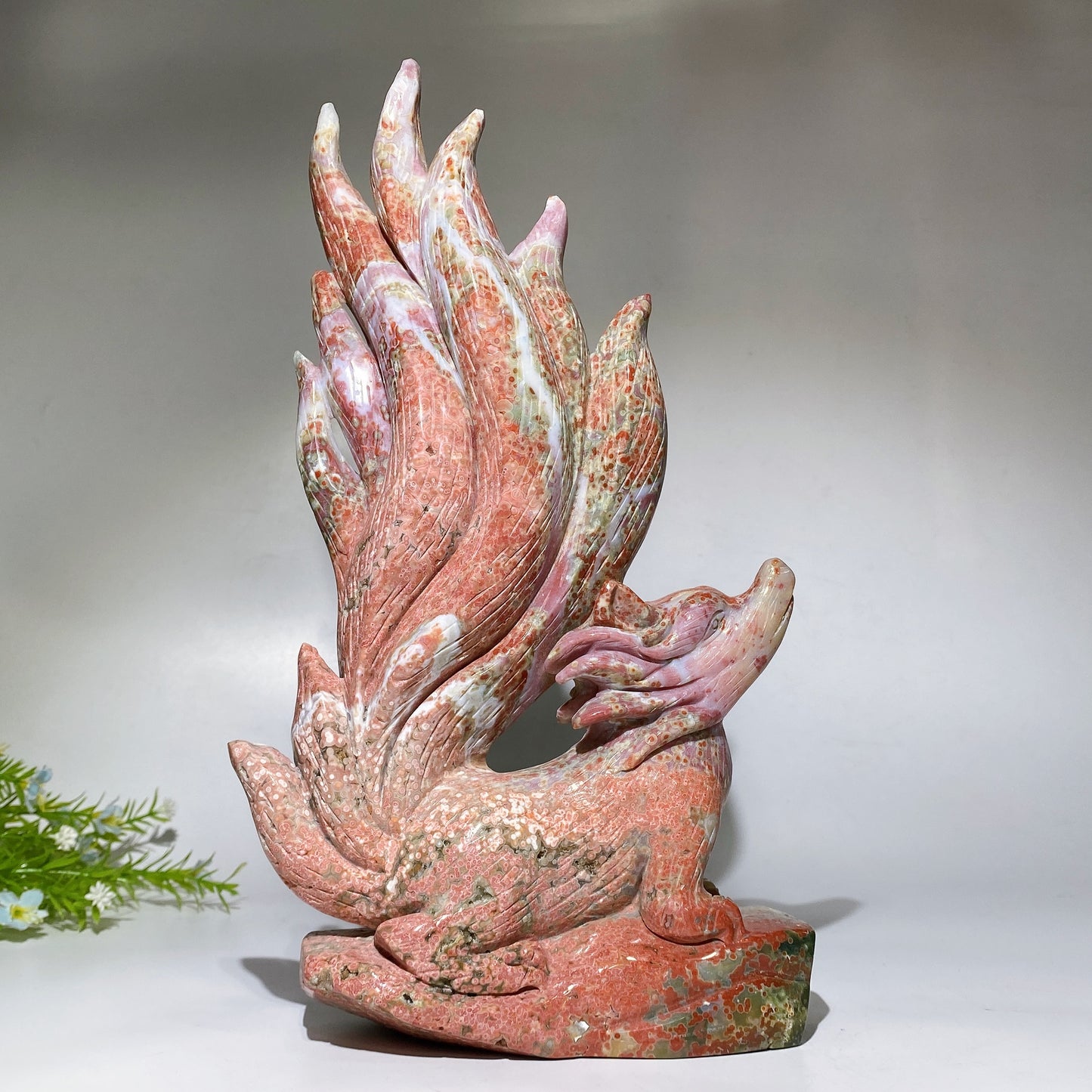 30cm Large Unique Ocean Jasper Nine-tails Fox Carving with Wooden Stand Crystal Healing Bulk Wholesale