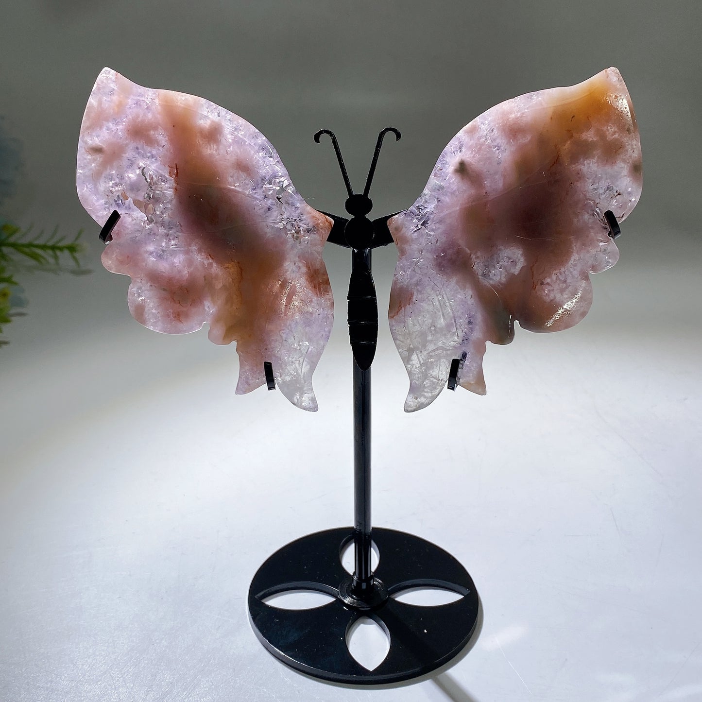 Pink Amethyst Flower Agate Butterfly Wings Carving with Stand Crystal Healing Bulk Wholesale