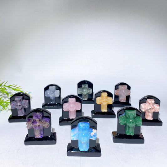 2.3" Black Obsidian Tombstone with Cross Skull Decor Carving Crystal Healing Bulk Wholesale