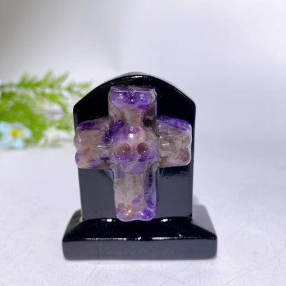2.3" Black Obsidian Tombstone with Cross Skull Decor Carving Crystal Healing Bulk Wholesale