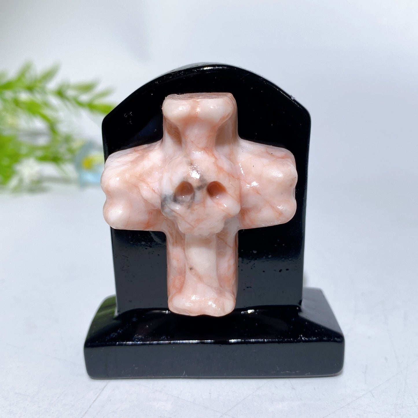 2.3" Black Obsidian Tombstone with Cross Skull Decor Carving Crystal Healing Bulk Wholesale