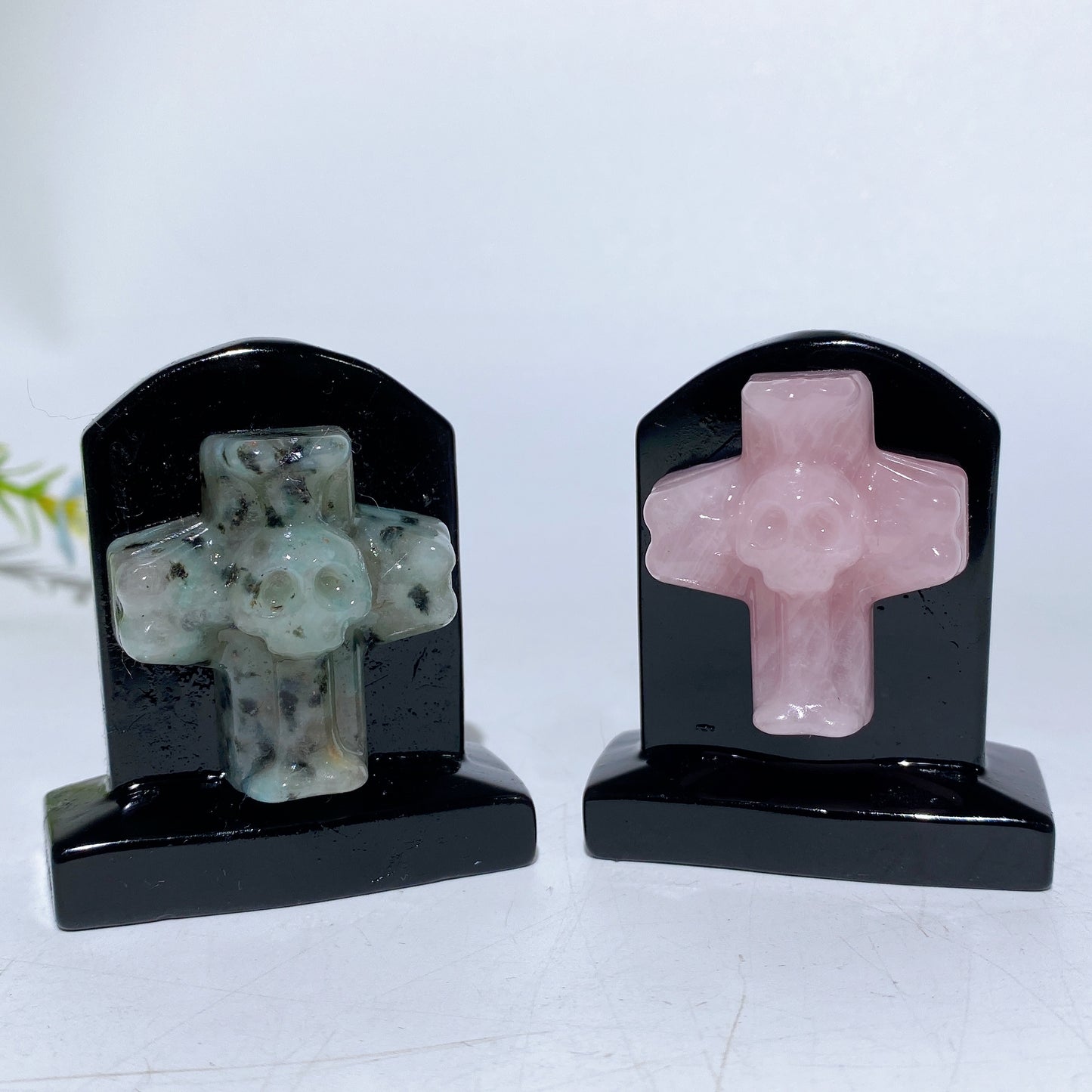 2.3" Black Obsidian Tombstone with Cross Skull Decor Carving Crystal Healing Bulk Wholesale