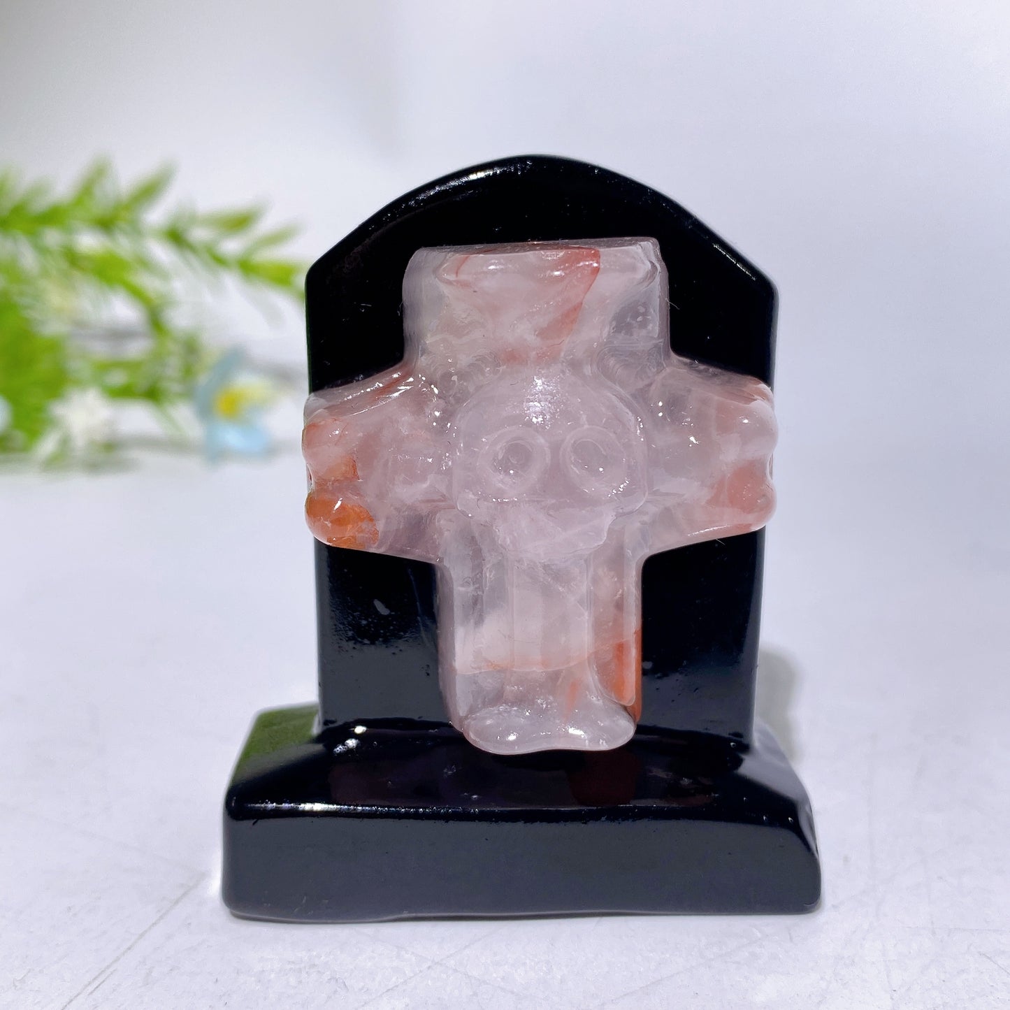2.3" Black Obsidian Tombstone with Cross Skull Decor Carving Crystal Healing Bulk Wholesale