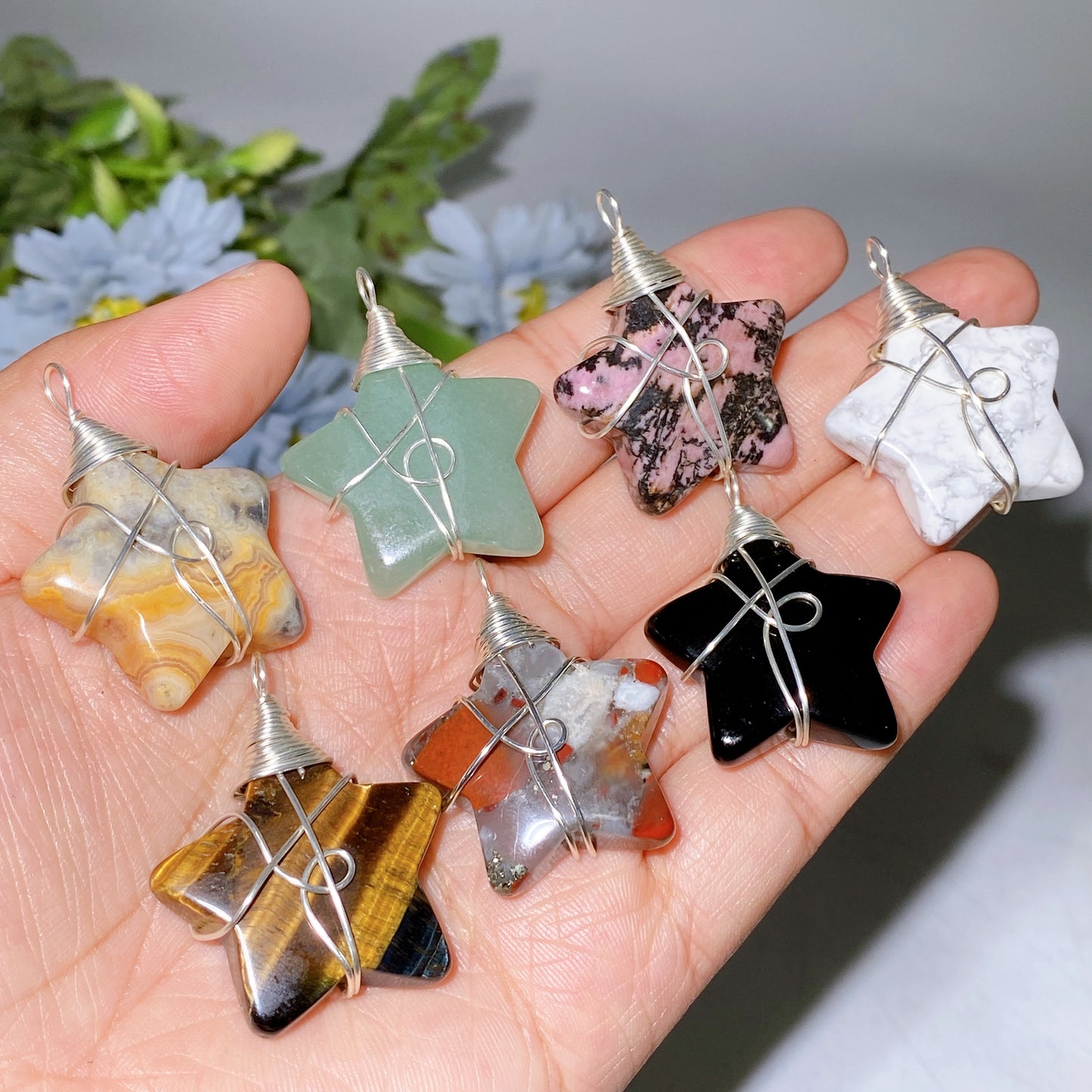 Silver-plated Copper Wrapping Crystal Star Pendant with Black Cord Necklace Crystal Healing Bulk Wholesale