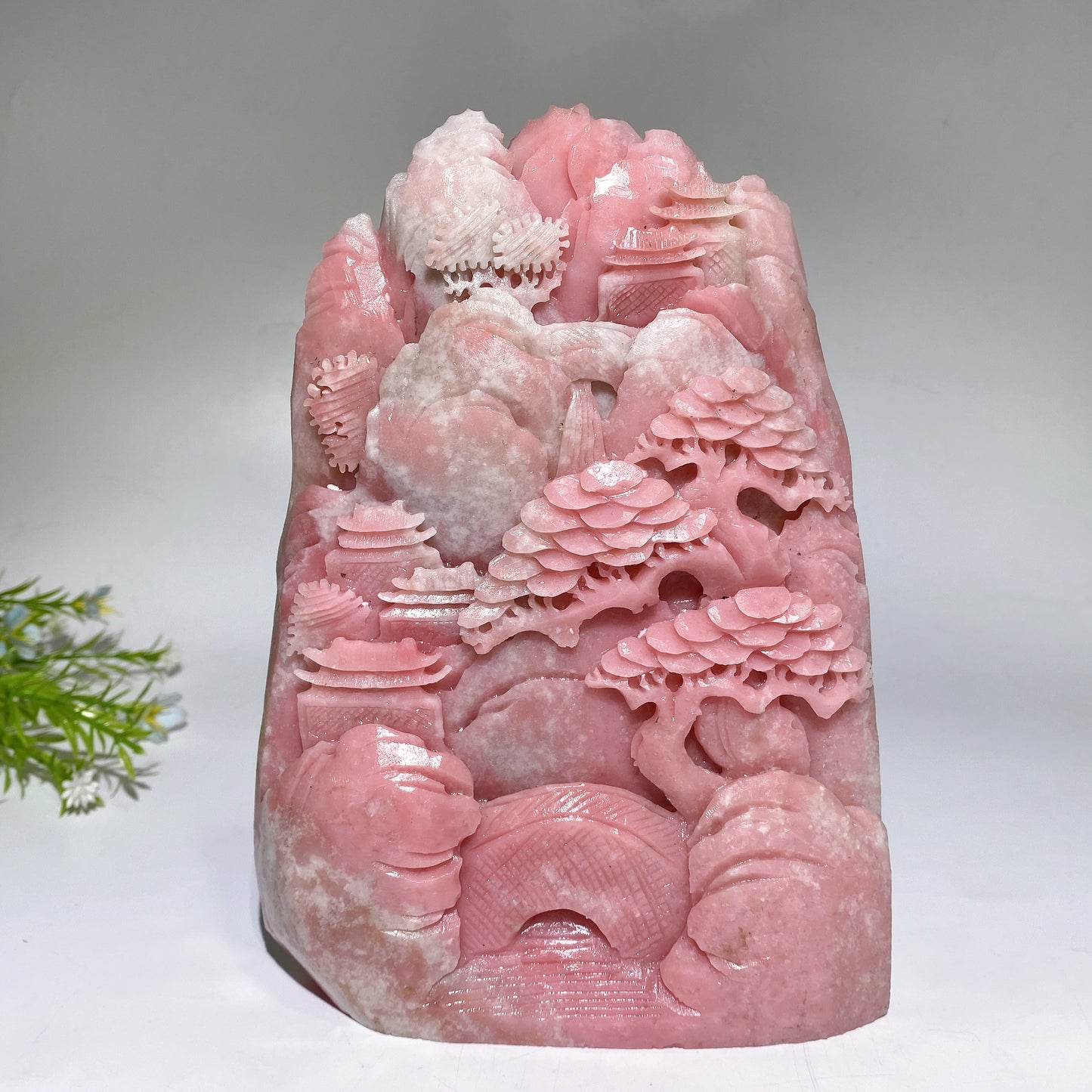 19cm Unique Hand Carved Pink Opal Landscape Pavilions Free Form Crystal Healing Bulk Wholesale