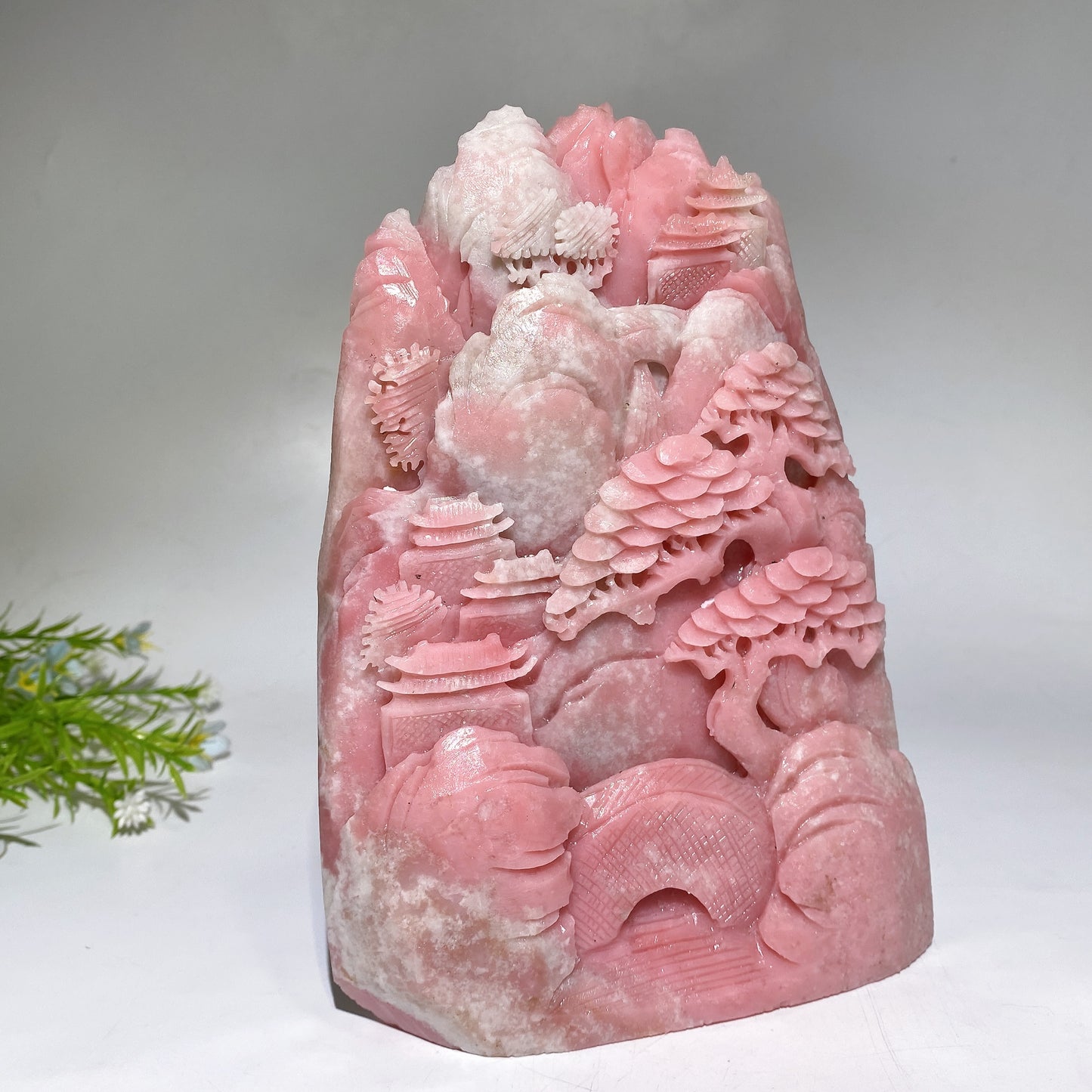 19cm Unique Hand Carved Pink Opal Landscape Pavilions Free Form Crystal Healing Bulk Wholesale