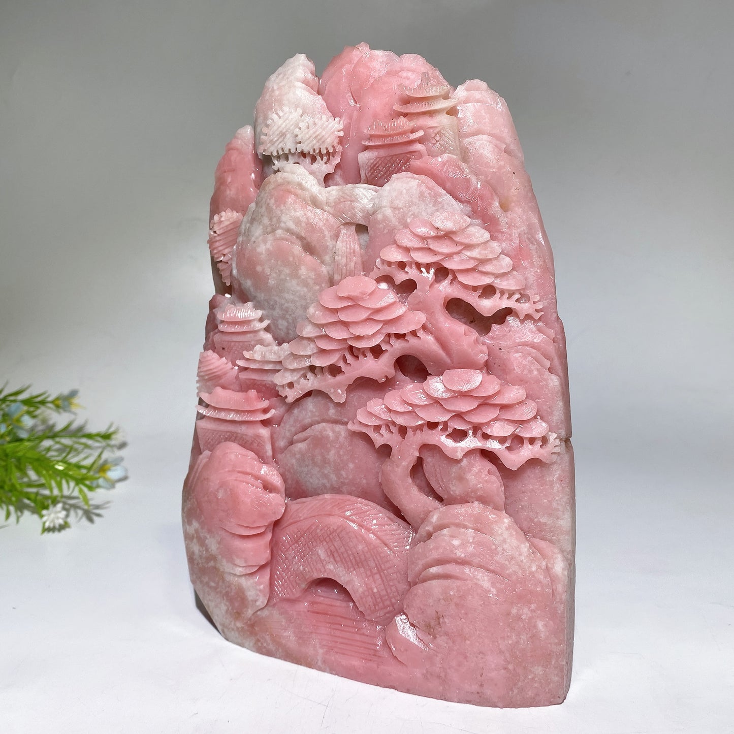 19cm Unique Hand Carved Pink Opal Landscape Pavilions Free Form Crystal Healing Bulk Wholesale