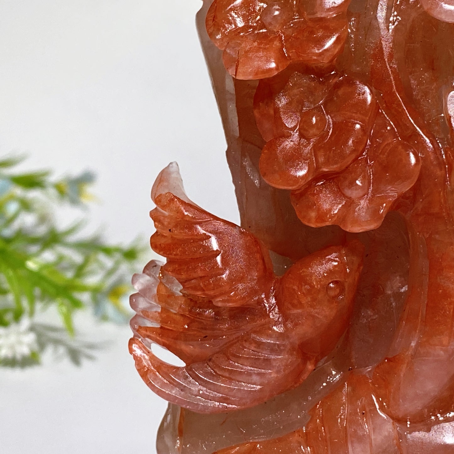 14.5cm Unique Hand Carved Fire Quartz Plum Blossom Tree with Love Birds Free Form Crystal Healing Bulk Wholesale