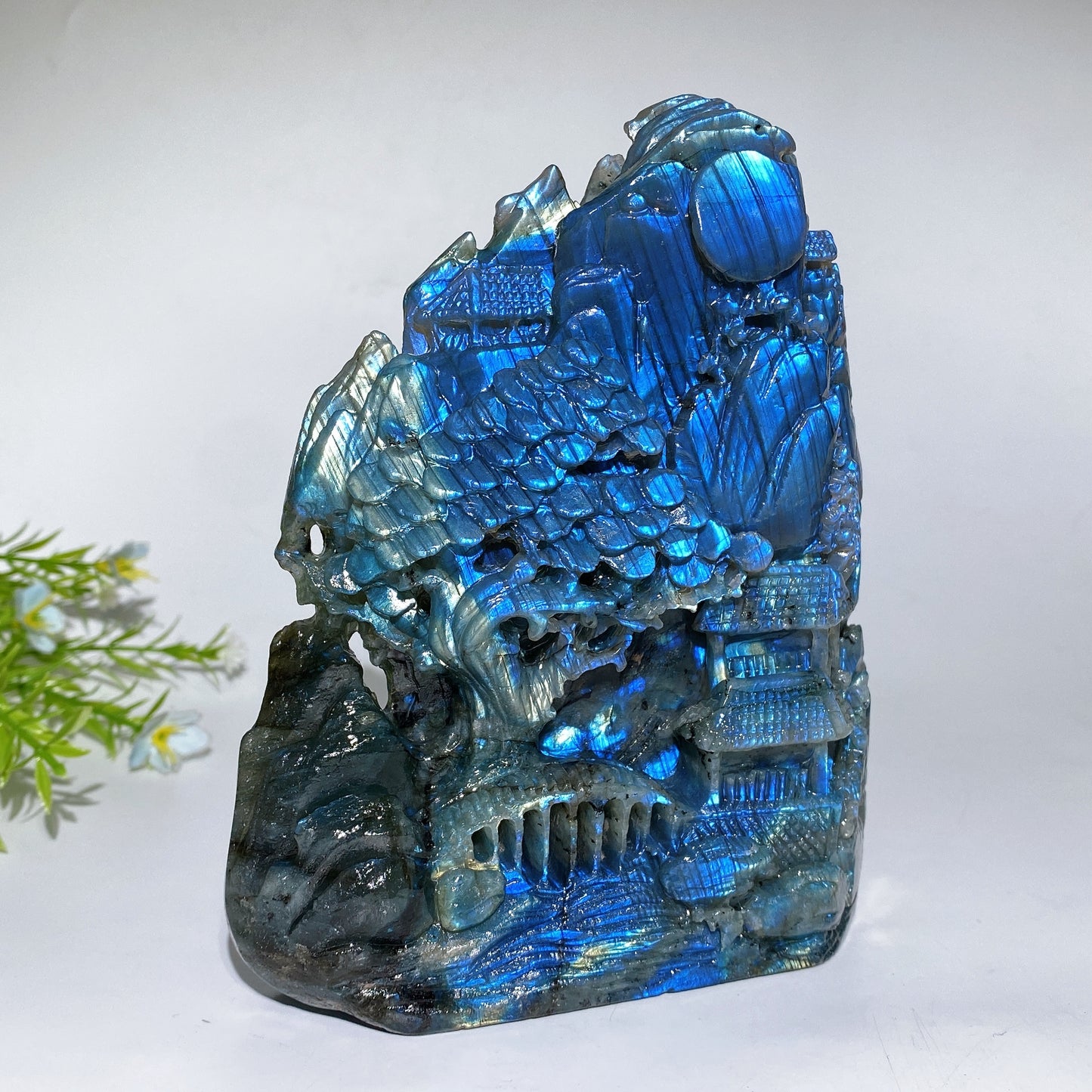15.5cm Unique Hand Carved Labradorite Landscape Pavilions Free Form Crystal Healing Bulk Wholesale