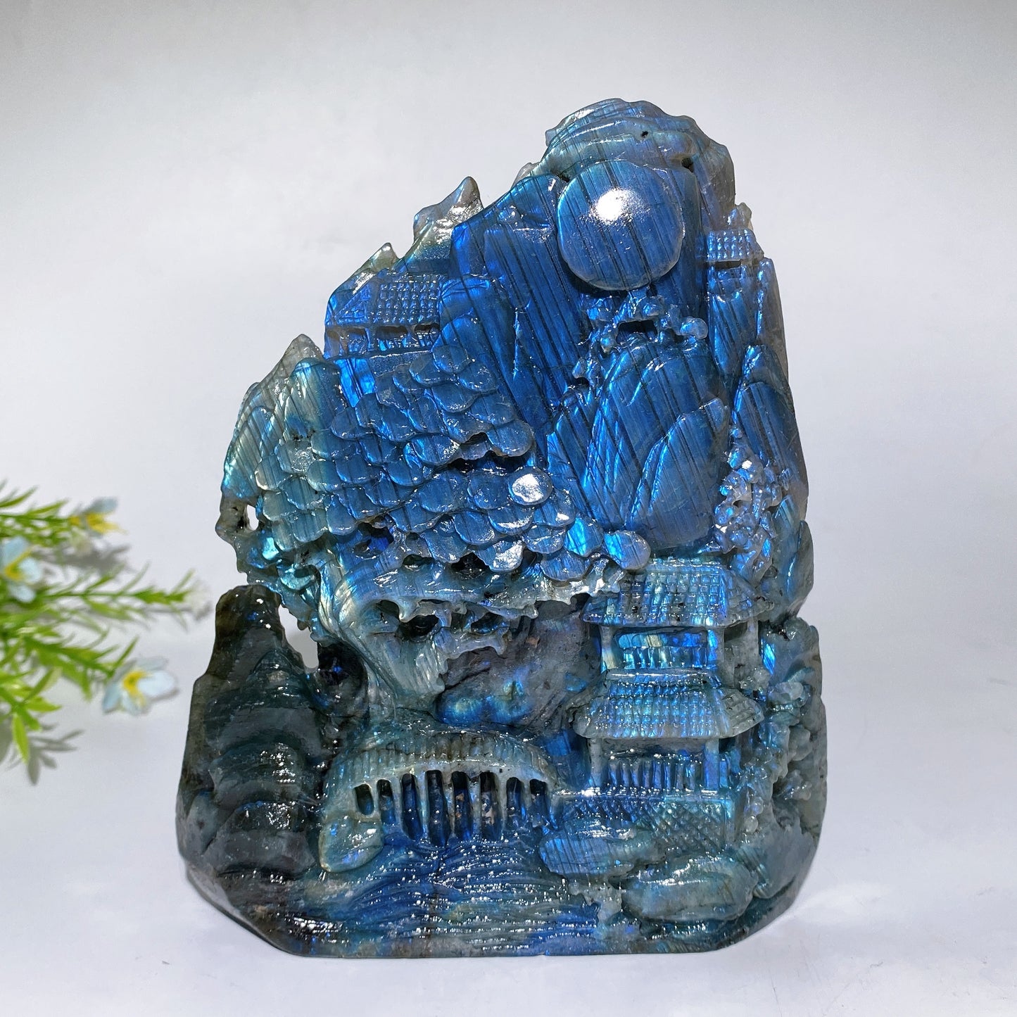 15.5cm Unique Hand Carved Labradorite Landscape Pavilions Free Form Crystal Healing Bulk Wholesale