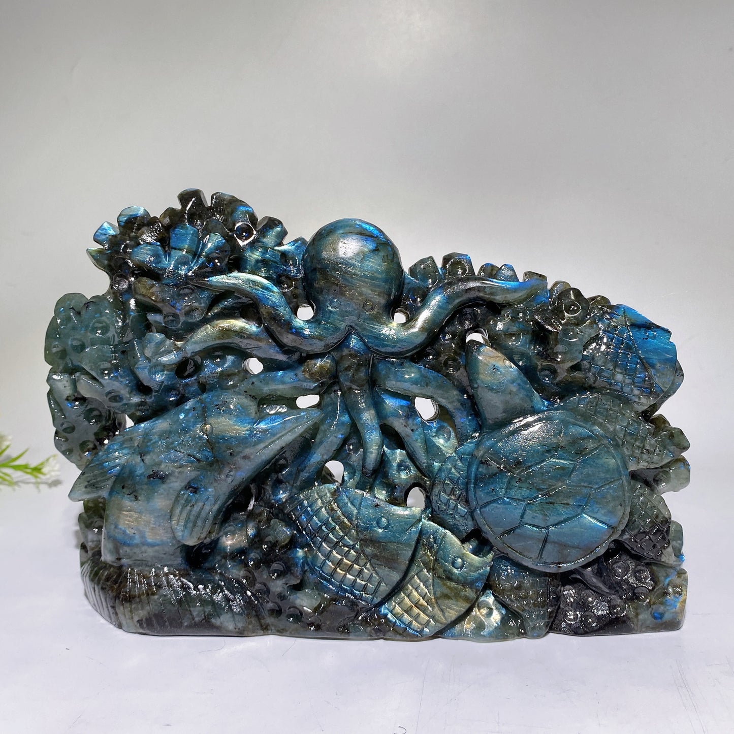 21cm Unique Hand Carved Labradorite Ocean World with Dolphin Octopus Fish Turtle Coral Carvings Free Form Crystal Healing Bulk Wholesale