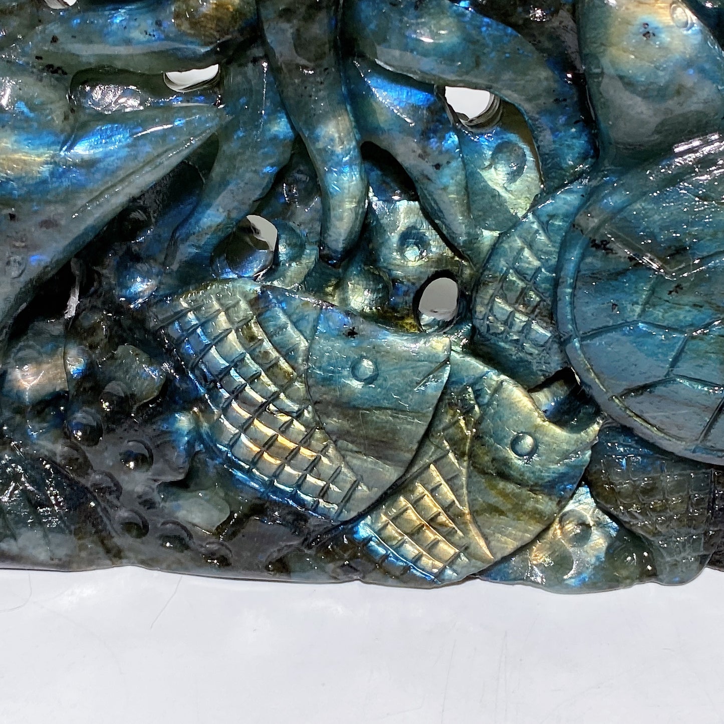 21cm Unique Hand Carved Labradorite Ocean World with Dolphin Octopus Fish Turtle Coral Carvings Free Form Crystal Healing Bulk Wholesale