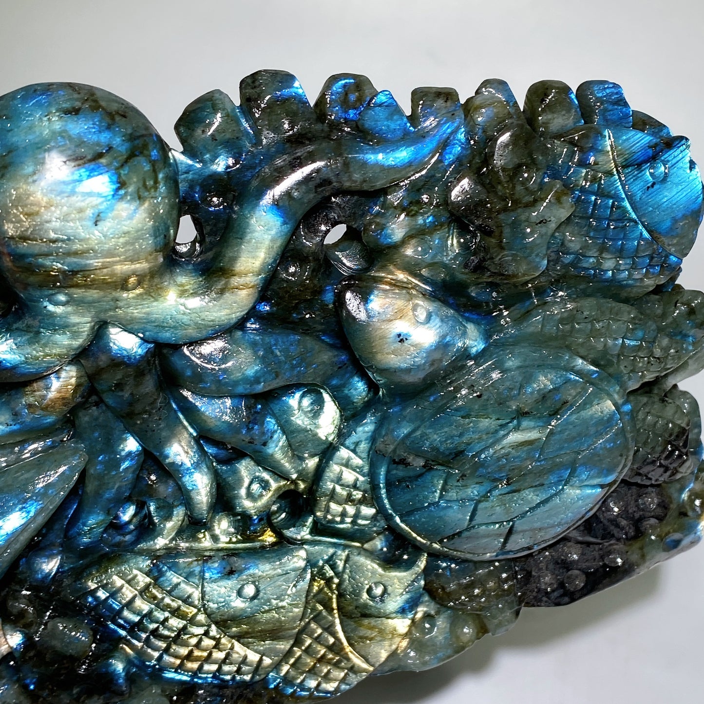 21cm Unique Hand Carved Labradorite Ocean World with Dolphin Octopus Fish Turtle Coral Carvings Free Form Crystal Healing Bulk Wholesale