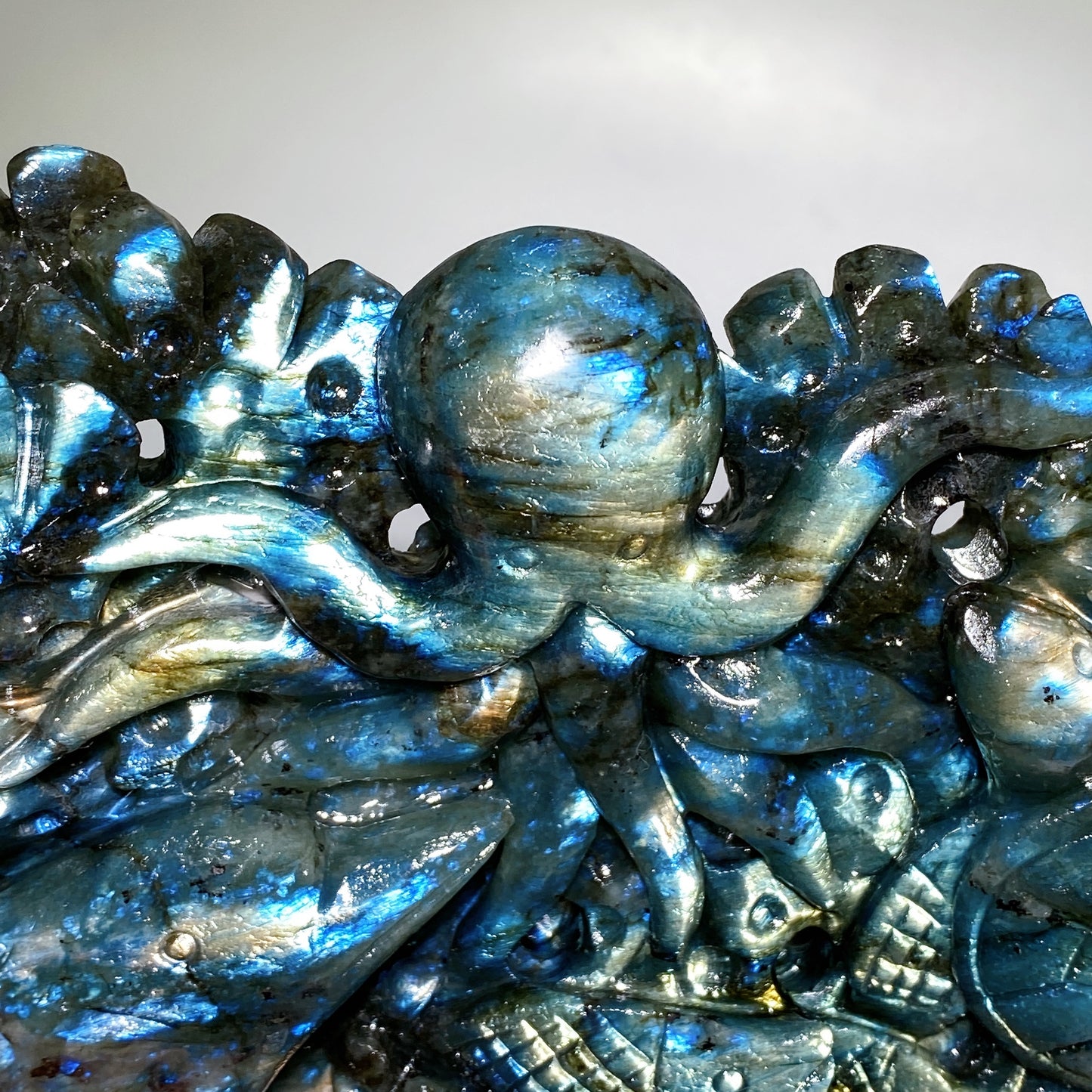 21cm Unique Hand Carved Labradorite Ocean World with Dolphin Octopus Fish Turtle Coral Carvings Free Form Crystal Healing Bulk Wholesale