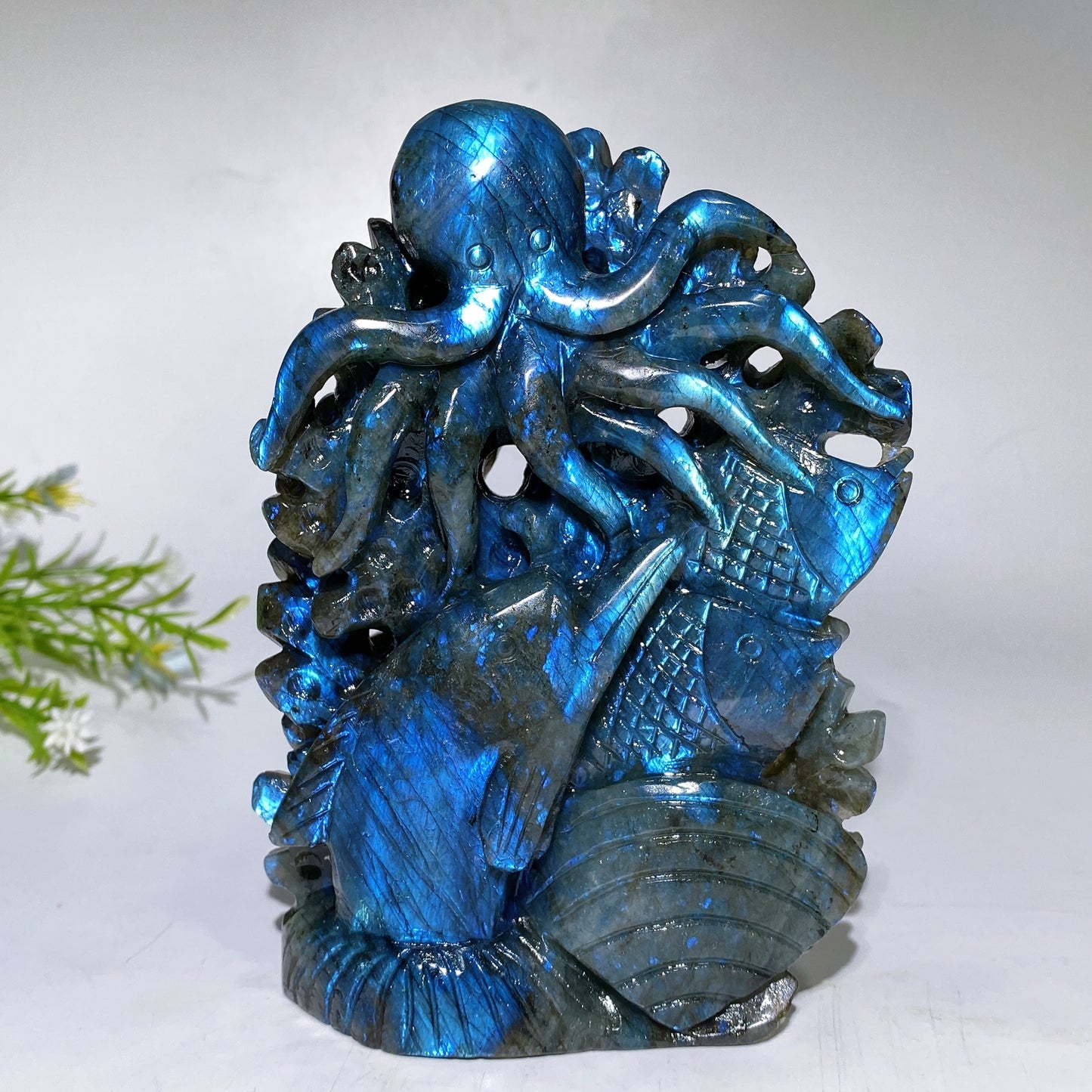 14cm Unique Hand Carved Ocecan World with Fish Dolphin Octopus Shell Coral Carving Free Form Crystal Healing Bulk Wholesale
