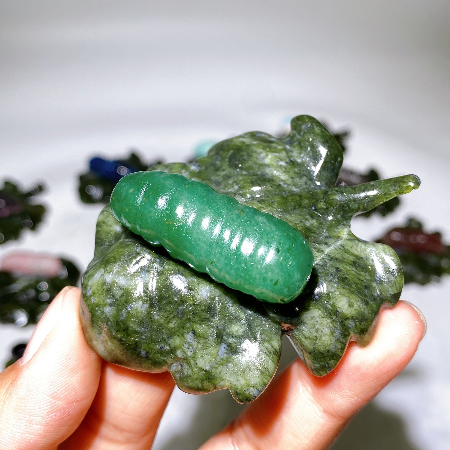 2.7" Crystal Silkworm on Serpentine Leaf Carving Crystal Healing Bulk Wholesale