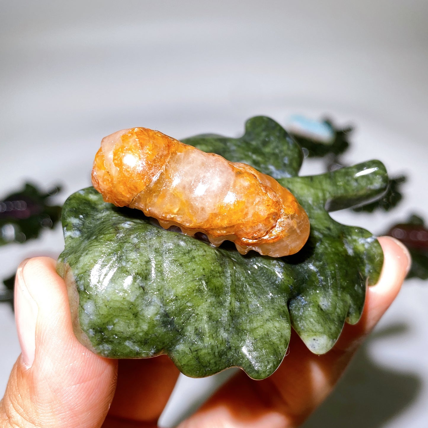 2.7" Crystal Silkworm on Serpentine Leaf Carving Crystal Healing Bulk Wholesale