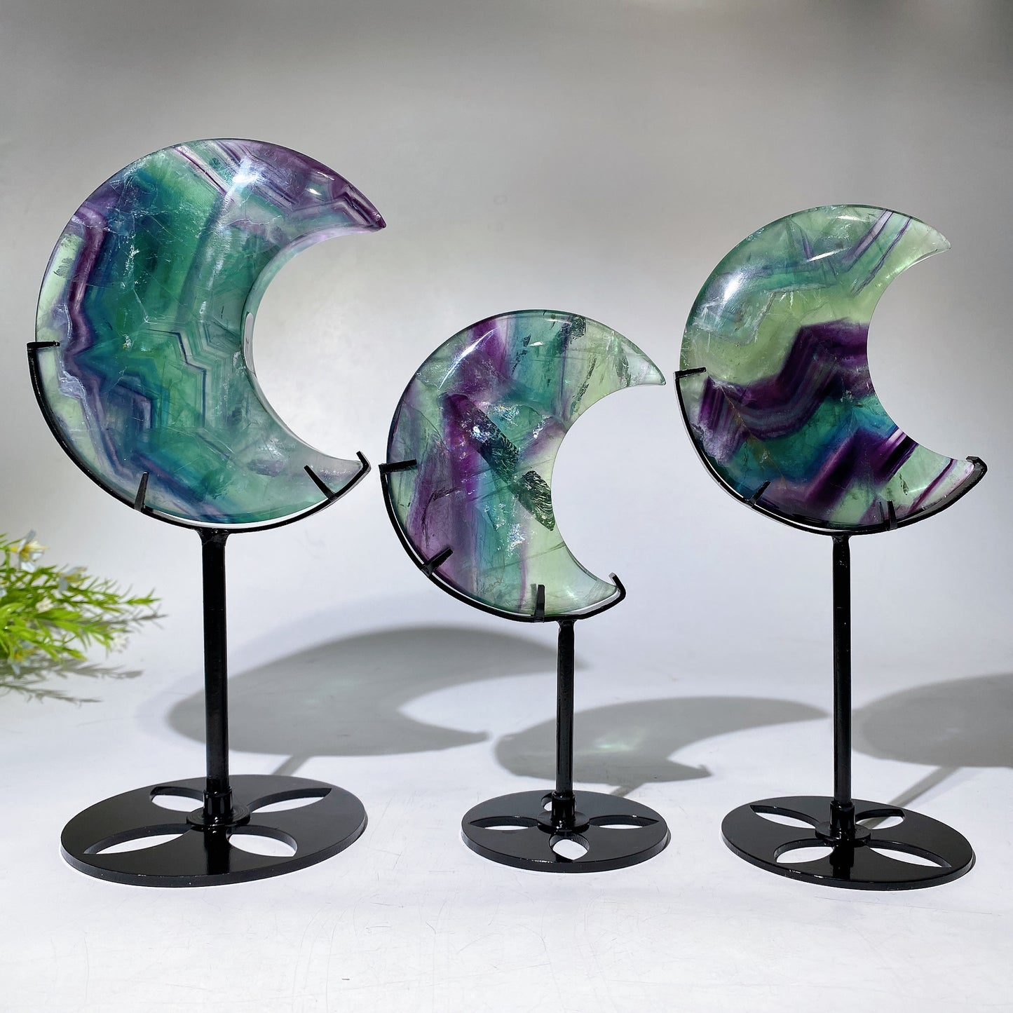Unique Hand Carved Rainbow Fluorite Moon with Stand Crystal Healing Bulk Wholesale