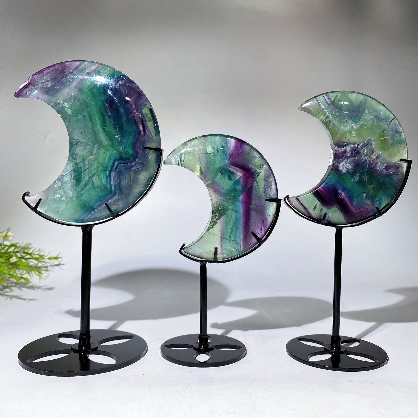 Unique Hand Carved Rainbow Fluorite Moon with Stand Crystal Healing Bulk Wholesale