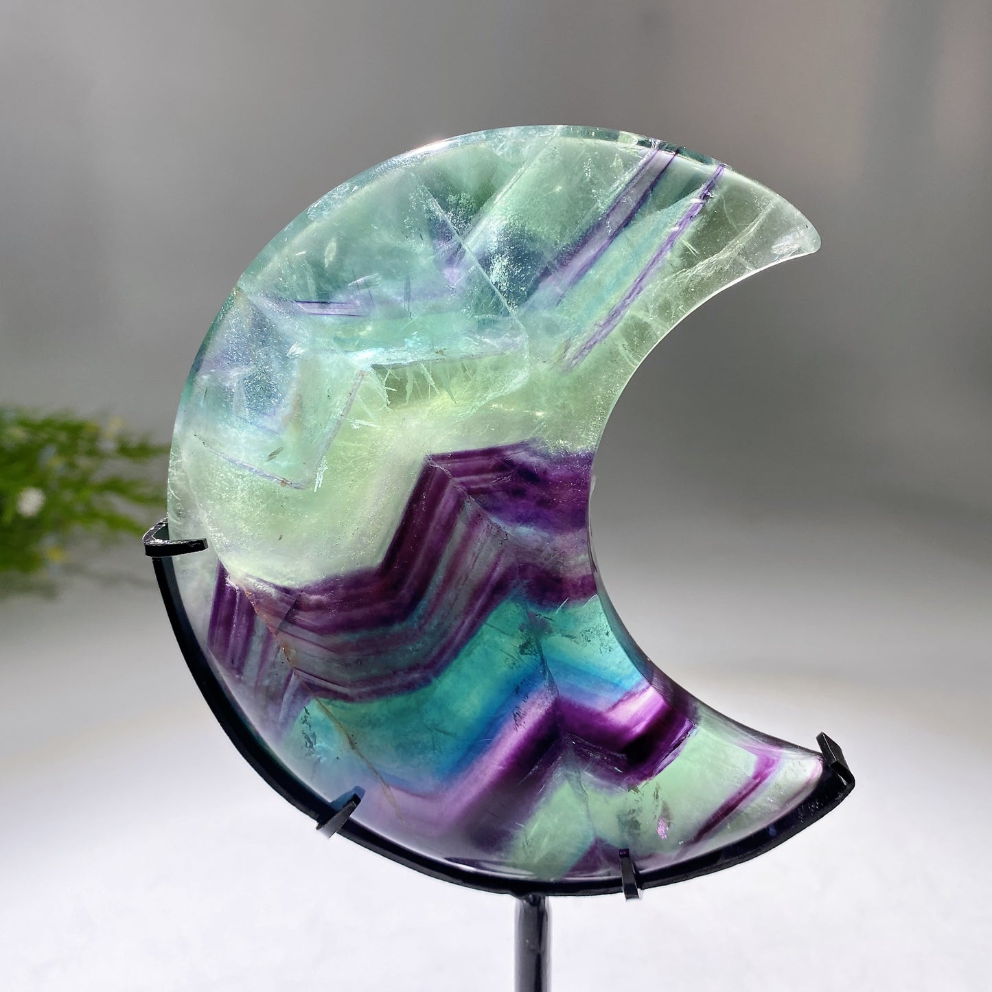 Unique Hand Carved Rainbow Fluorite Moon with Stand Crystal Healing Bulk Wholesale