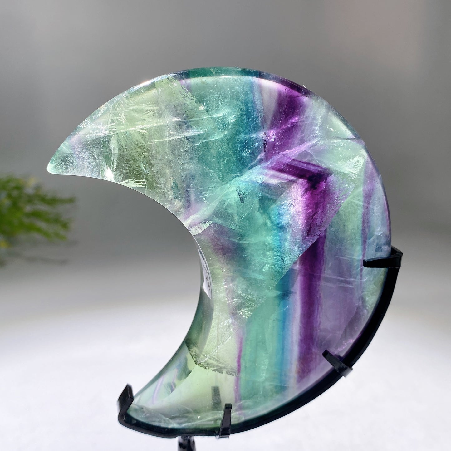 Unique Hand Carved Rainbow Fluorite Moon with Stand Crystal Healing Bulk Wholesale