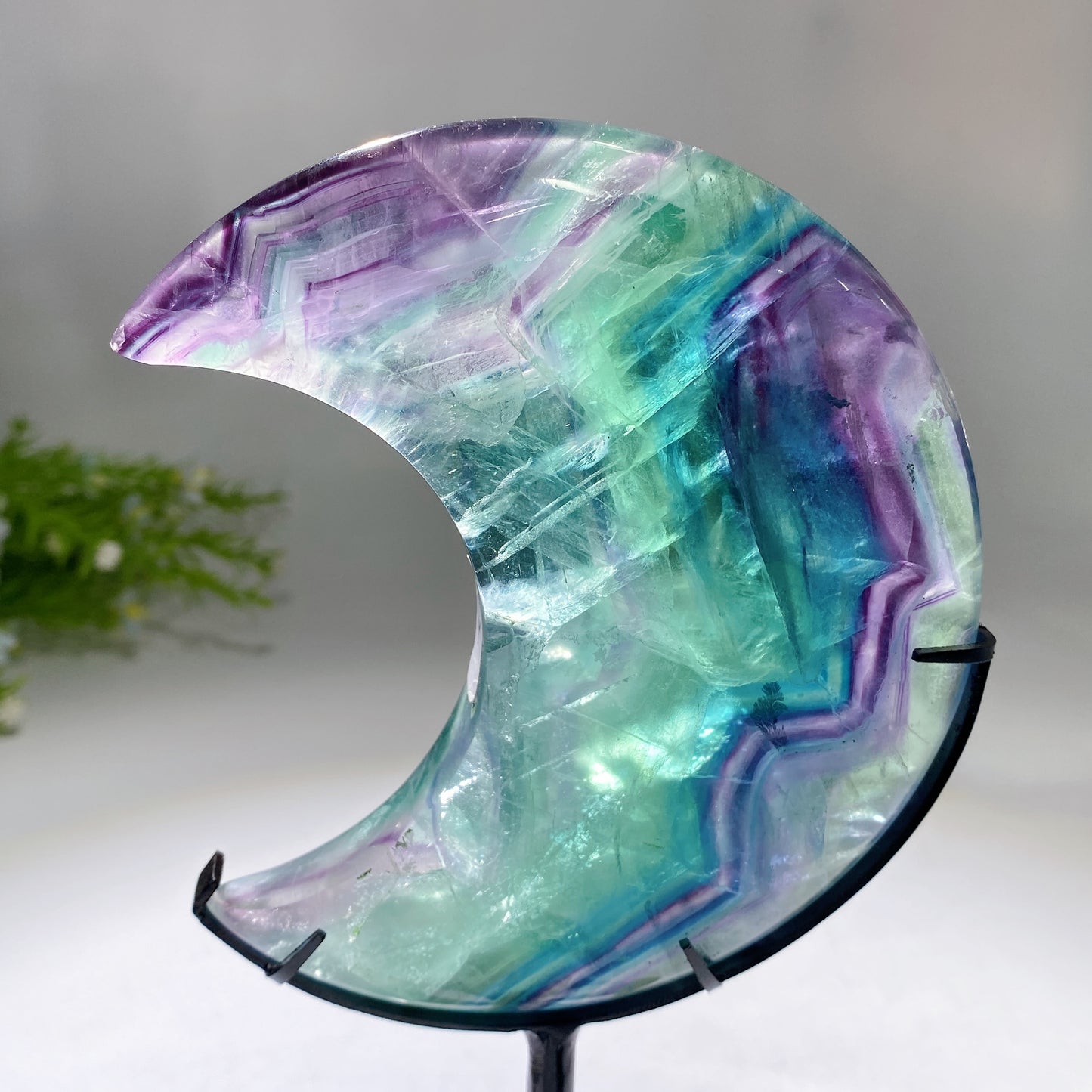Unique Hand Carved Rainbow Fluorite Moon with Stand Crystal Healing Bulk Wholesale