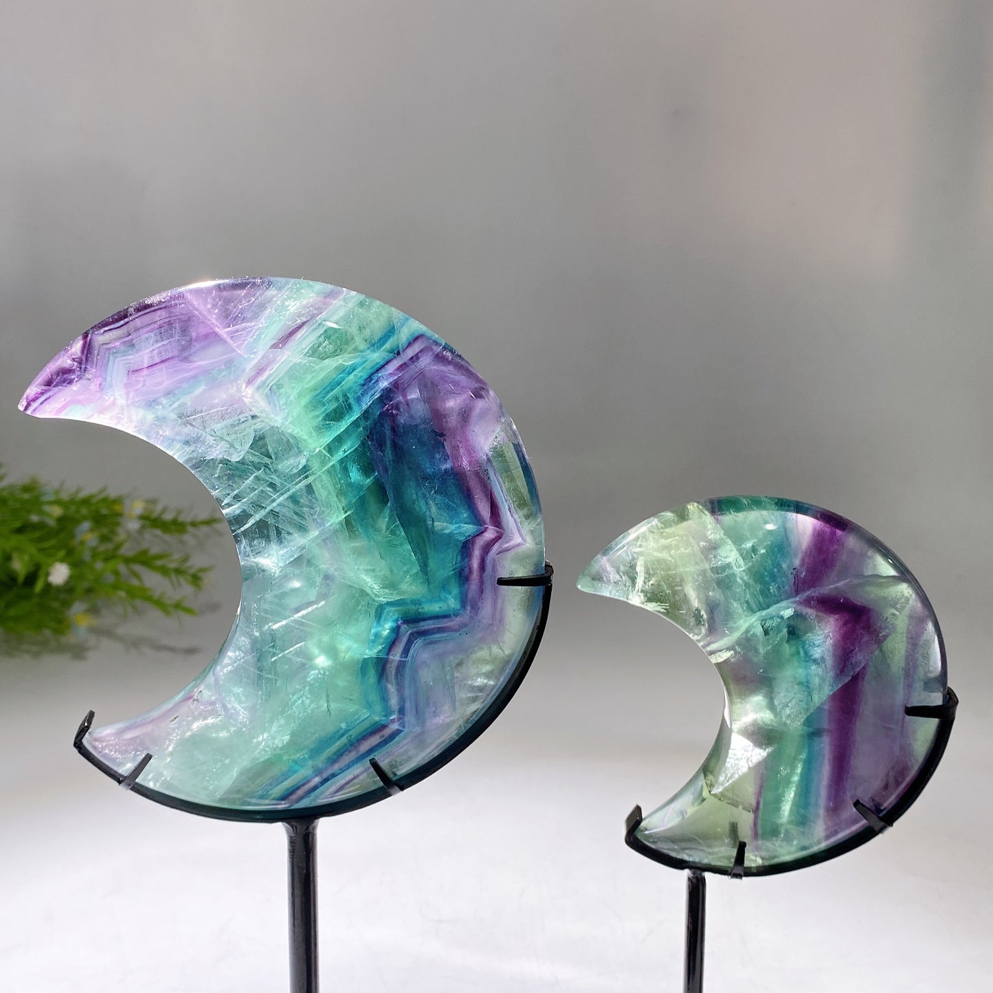 Unique Hand Carved Rainbow Fluorite Moon with Stand Crystal Healing Bulk Wholesale