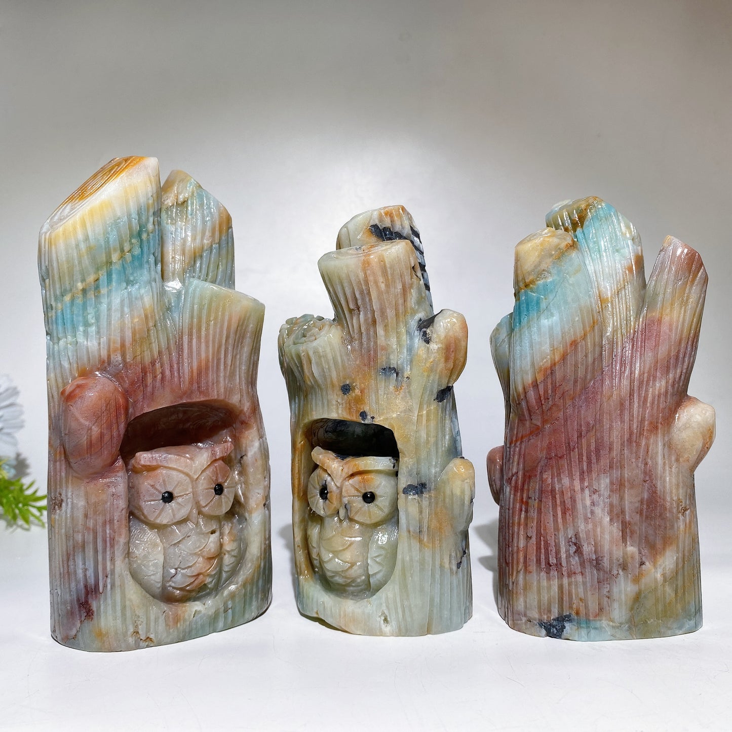 14-16cm Hand Carved Caribbean Calcite Silver Obsidian Owl Tree Hole Carving Free Form 1 Piece Crystal Healing Bulk Wholesale