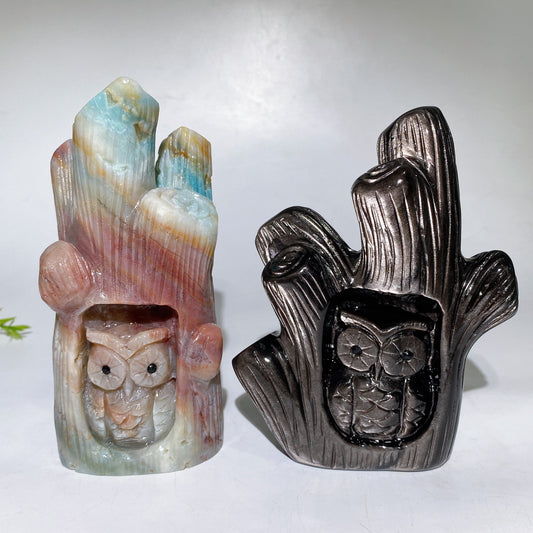 14-16cm Hand Carved Caribbean Calcite Silver Obsidian Owl Tree Hole Carving Free Form 1 Piece Crystal Healing Bulk Wholesale