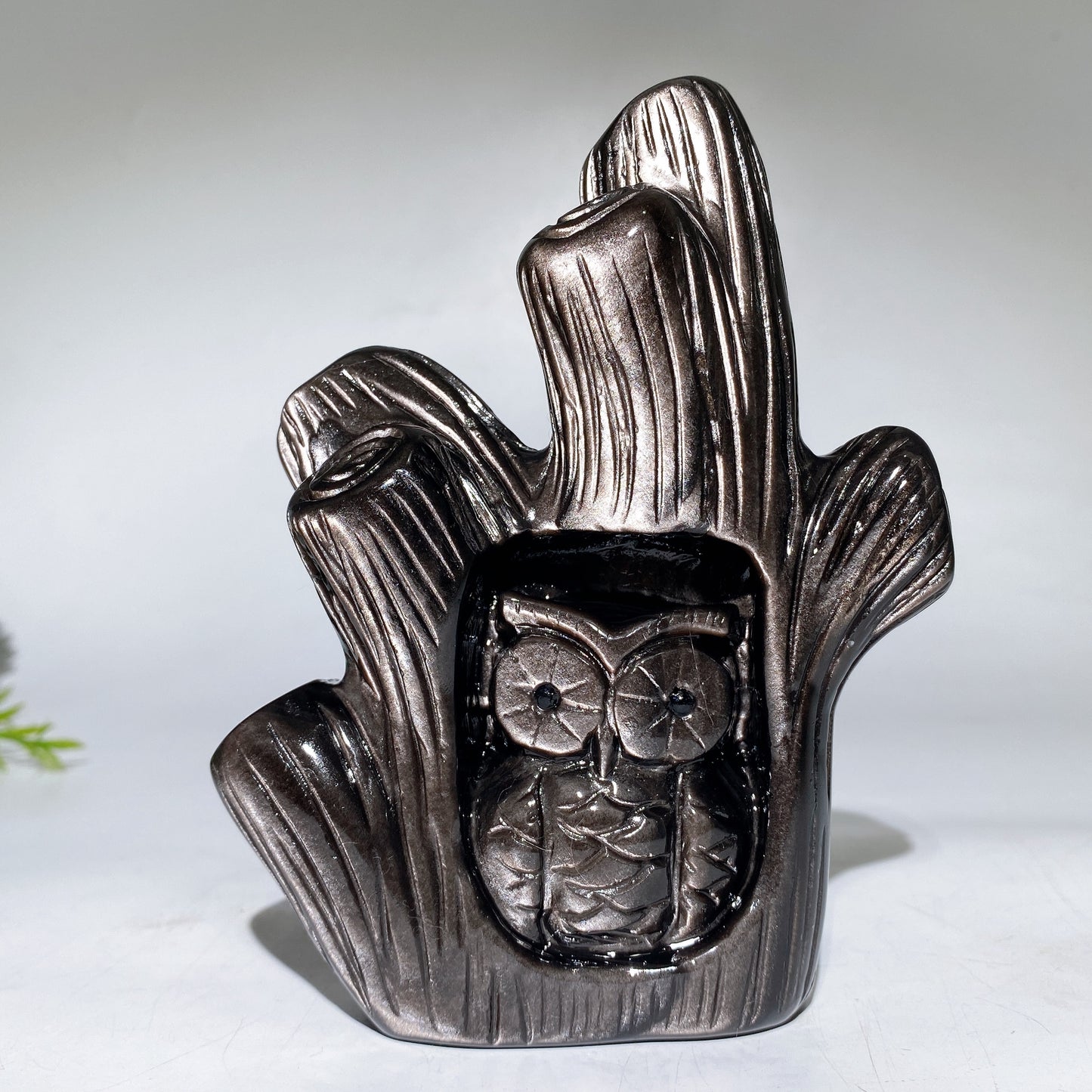14-16cm Hand Carved Caribbean Calcite Silver Obsidian Owl Tree Hole Carving Free Form 1 Piece Crystal Healing Bulk Wholesale